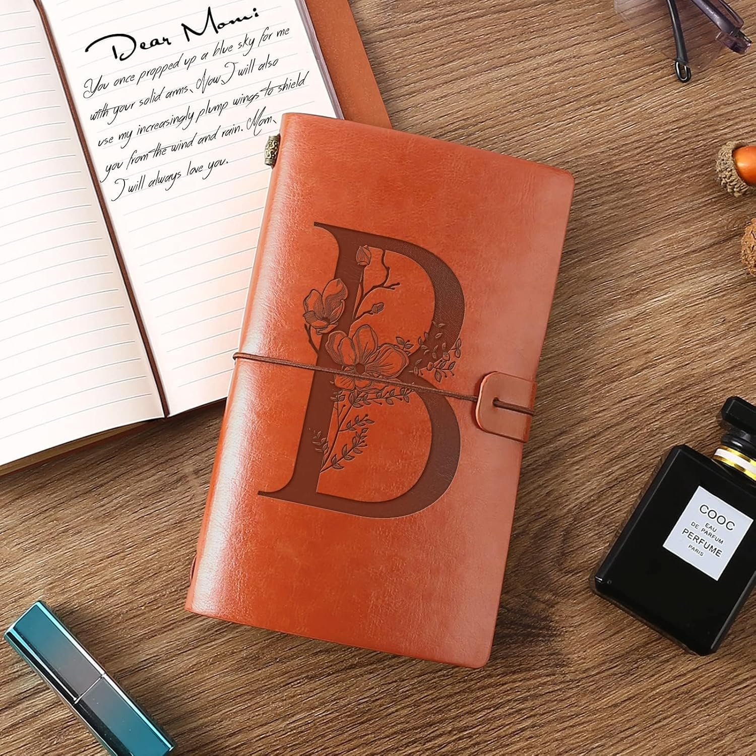 Diario de viaje de cuero con inicial, cuaderno con monograma, regalos de agradecimiento, diario personalizado, bloc de notas de escritura para