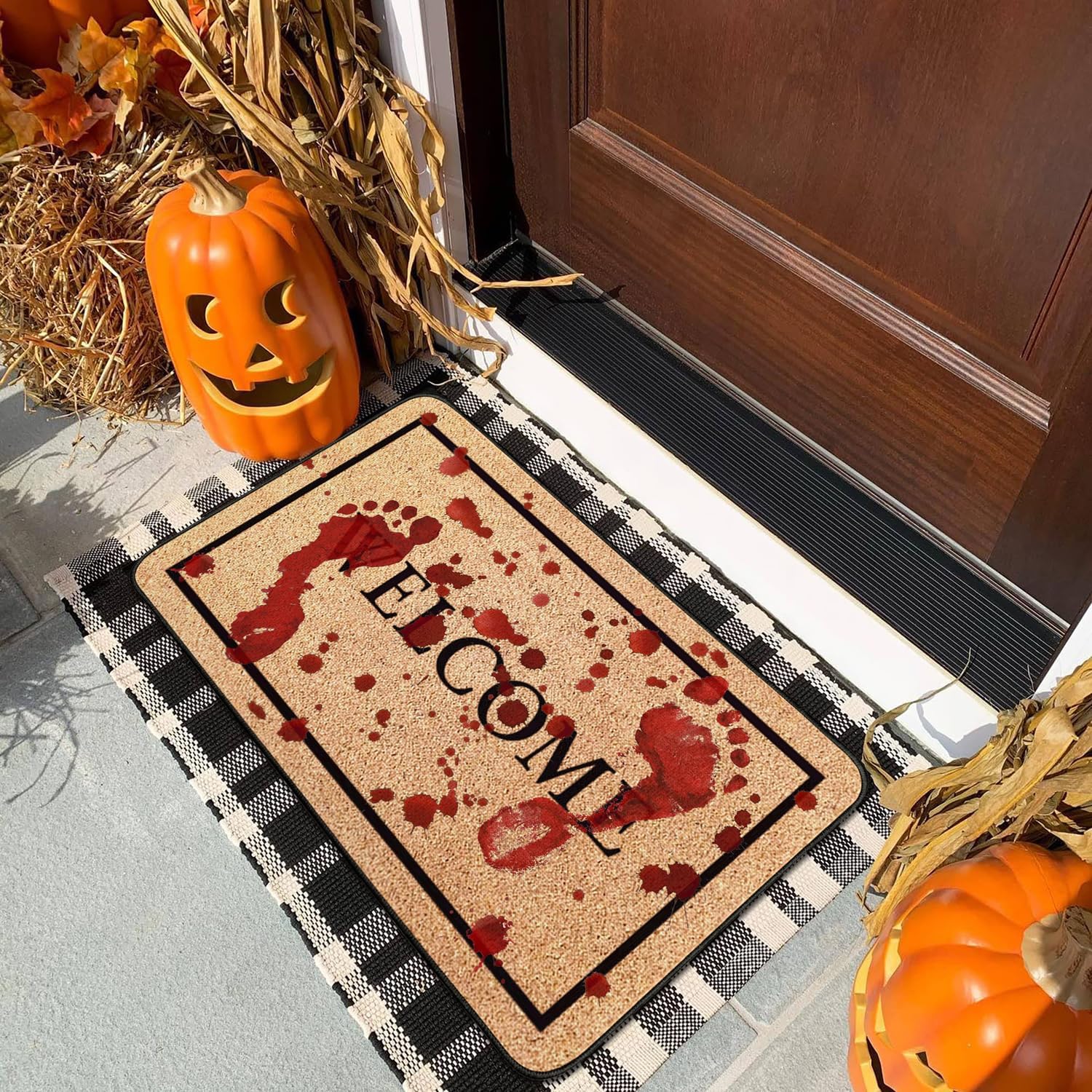 Tapete decorativo de Halloween para puerta delantera al aire libre, tapete de terror con huellas de sangre de 17 x 30 pulgadas, tapete de goma