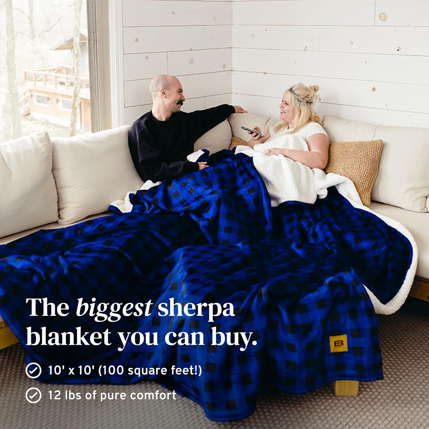 Big Blanket Co Manta Sherpa Stretch a cuadros azules  Sumérgete en la mejor manta Sherpa  Manta de 10 x 10 pies  Manta enorme perfecta para toda la