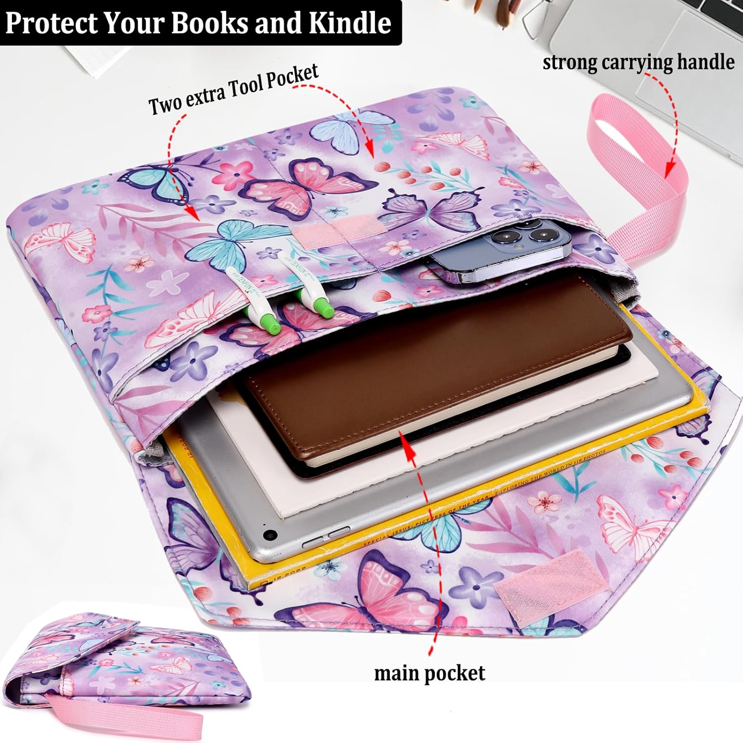 DSIUE Funda protectora de libro para libros de bolsillo, funda grande con asa, 11.6 x 9.3 pulgadas, regalos para amantes de los libros (mariposa