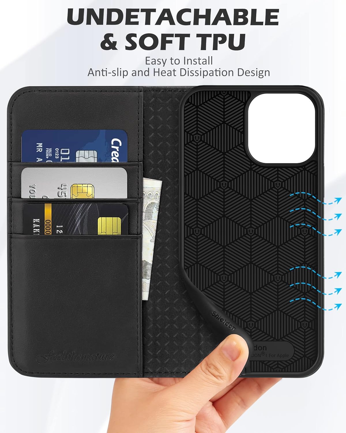 SHIELDON Funda para iPhone 13 Pro Max 5G, de piel auténtica, funda magnética a prueba de golpes, soporte RFID para tarjetas de crédito compatible