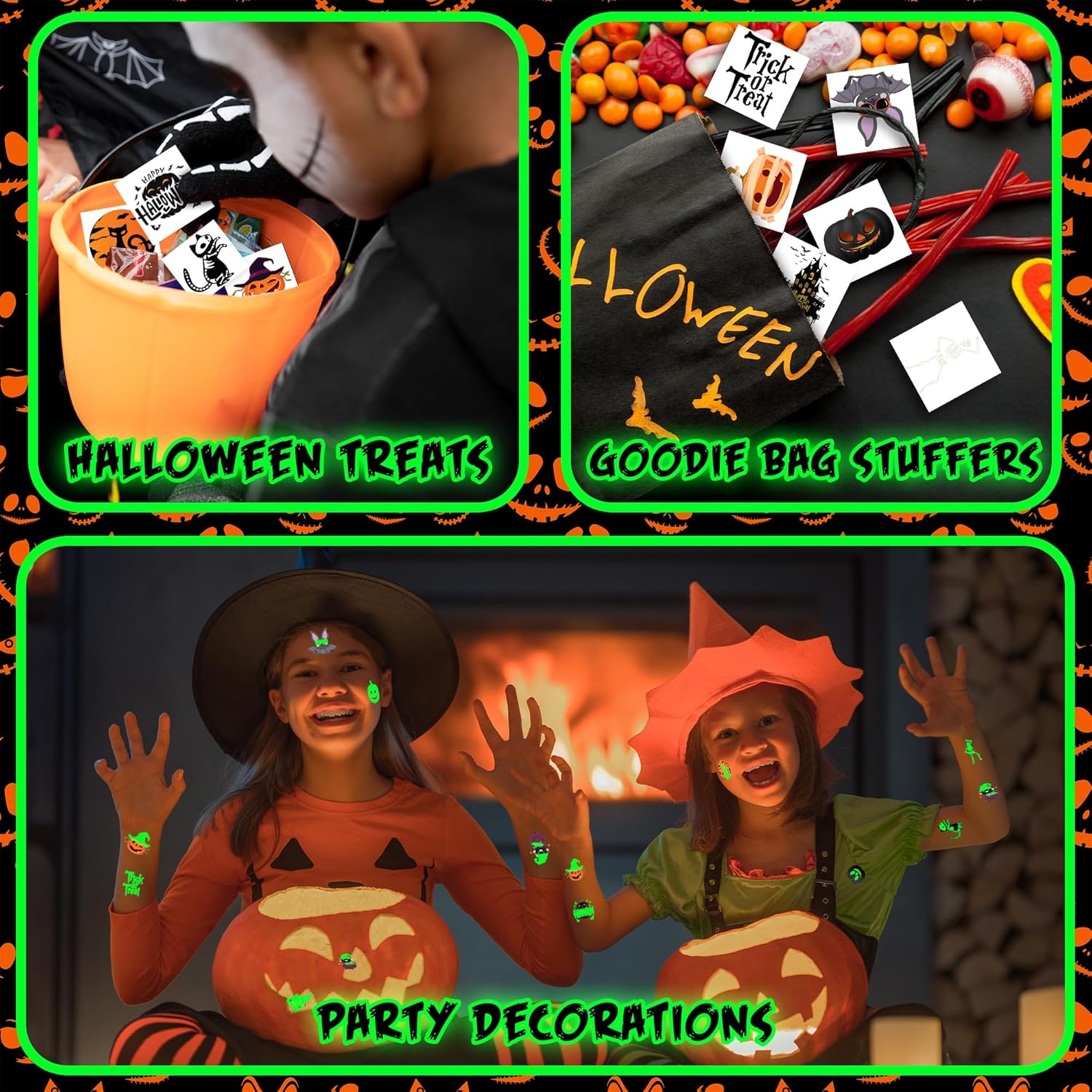 ArtCreativity Tatuajes temporales de Halloween que brillan en la oscuridad, juego de 144, tatuajes temporales para niños en 12 diseños