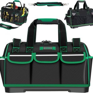 AIRAJ Bolsas de herramientas de 16 pulgadas para hombres resistentes, bolsa de almacenamiento de herramientas de boca ancha con 16 bolsillos y base AIRAJ Bolsas de herramientas de 16 pulgadas para hombres resistentes, bolsa de almacenamiento de herramientas de boca ancha con 16 bolsillos y base