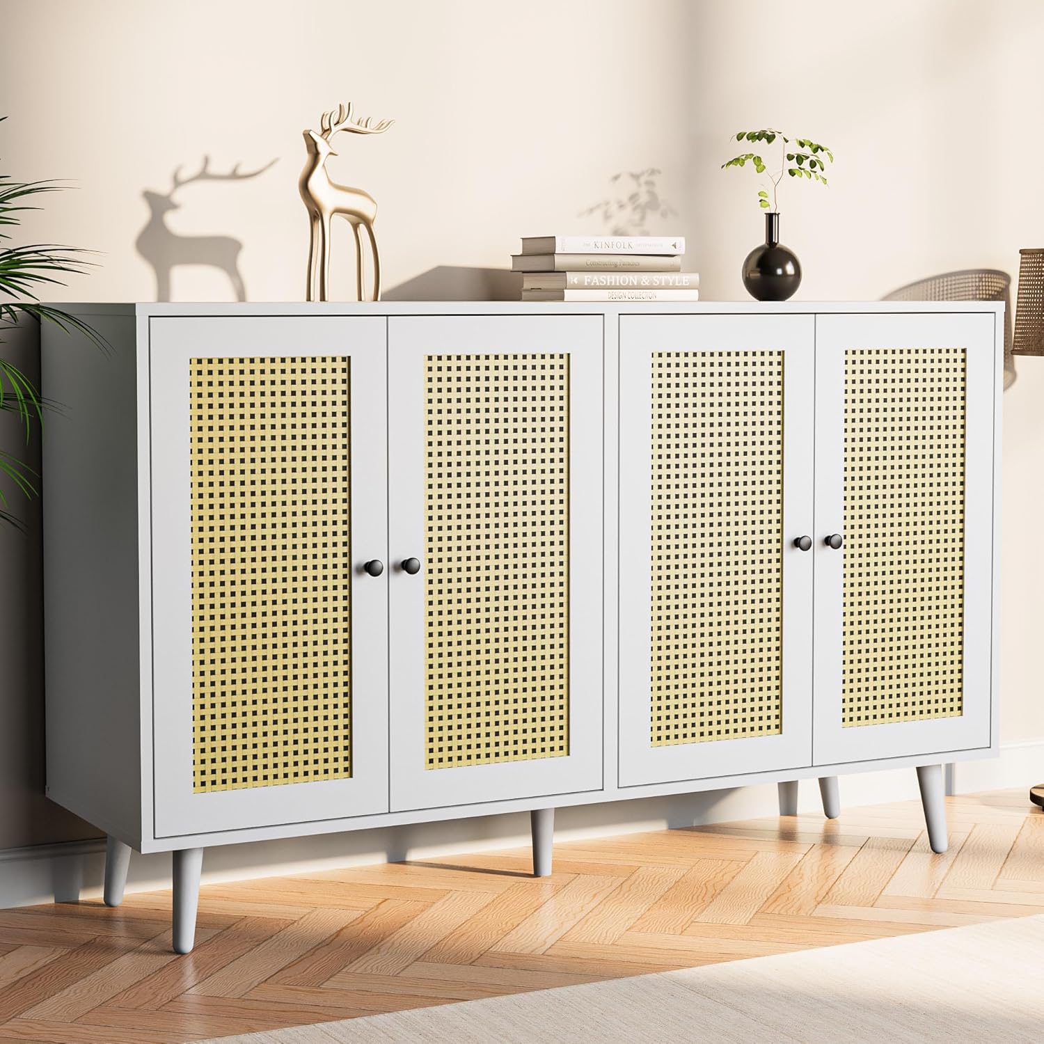 Cozy Castle Gabinete de buffet de ratán blanco con almacenamiento, aparador con 4 puertas de ratán, armario de almacenamiento para sala de estar,