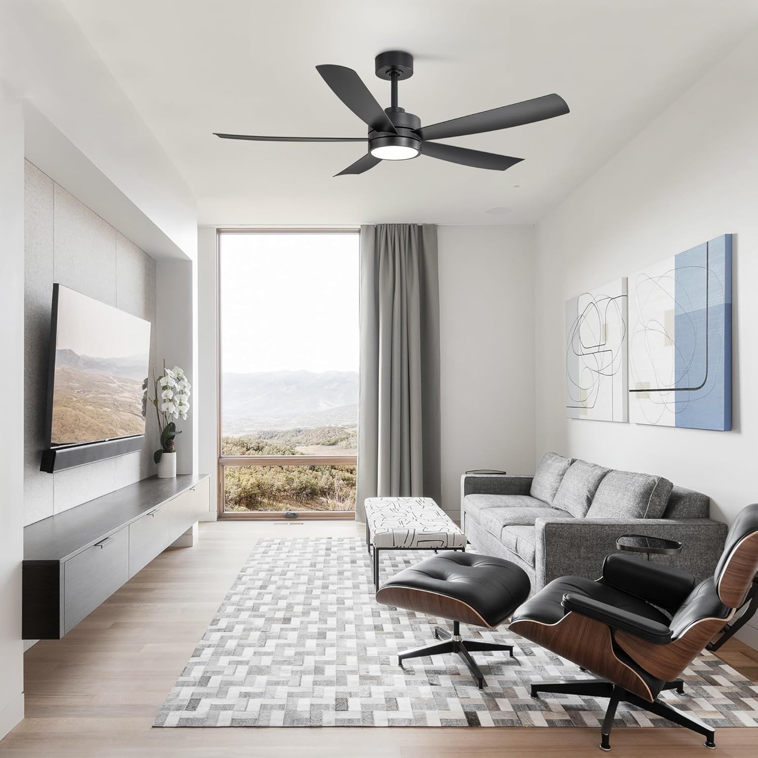 Breezary Ceiling Fans with Lights and Remote, 52″ Ceiling Fans OutdoorIndoor with 6 Speeds Reversible DC Motor and 5 Blades, Modern Black Ceiling