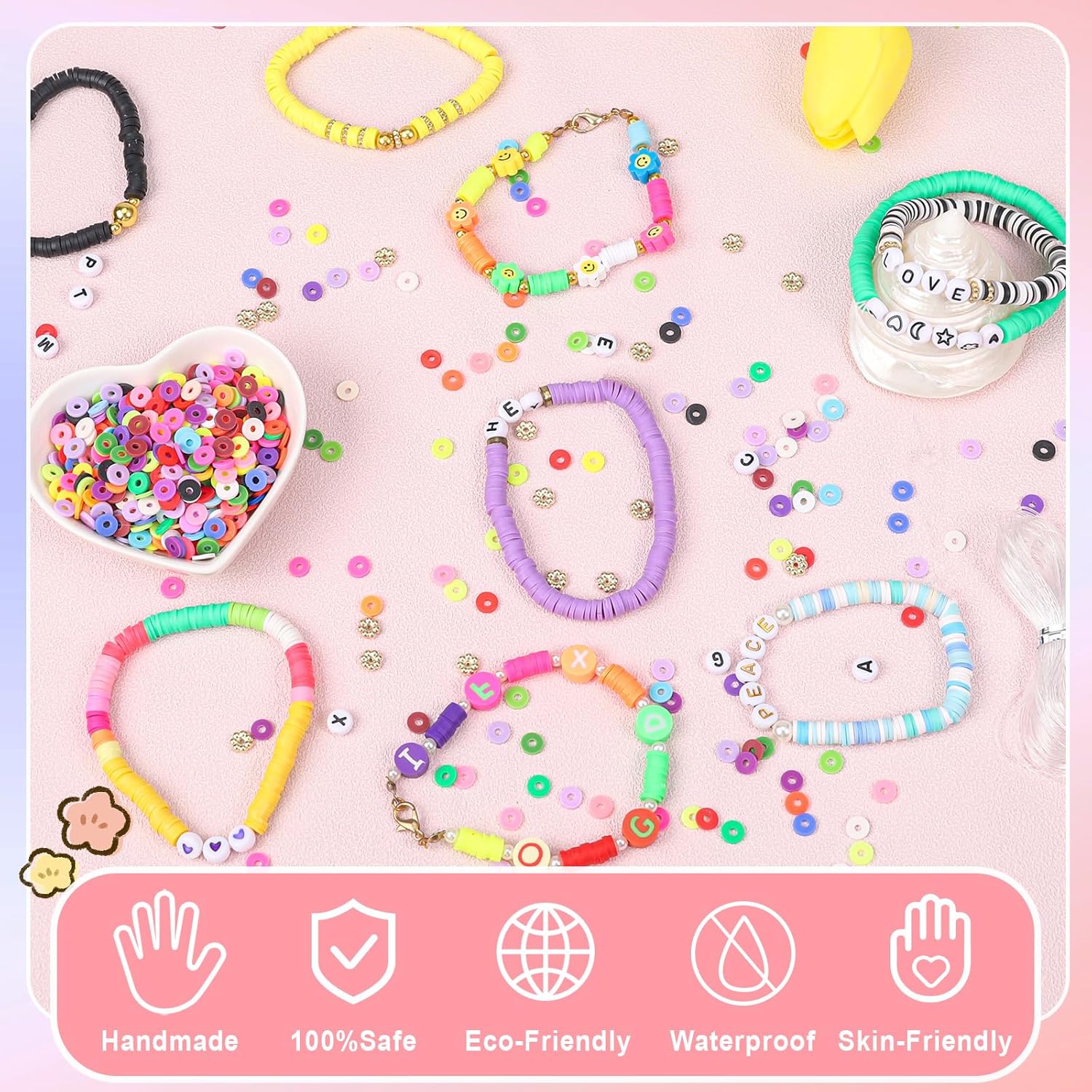 Kit de 4500 cuentas de arcilla amarilla para hacer pulseras, incluye cuentas Heishi de arcilla polimérica plana de 0.236 in y perlas doradas,