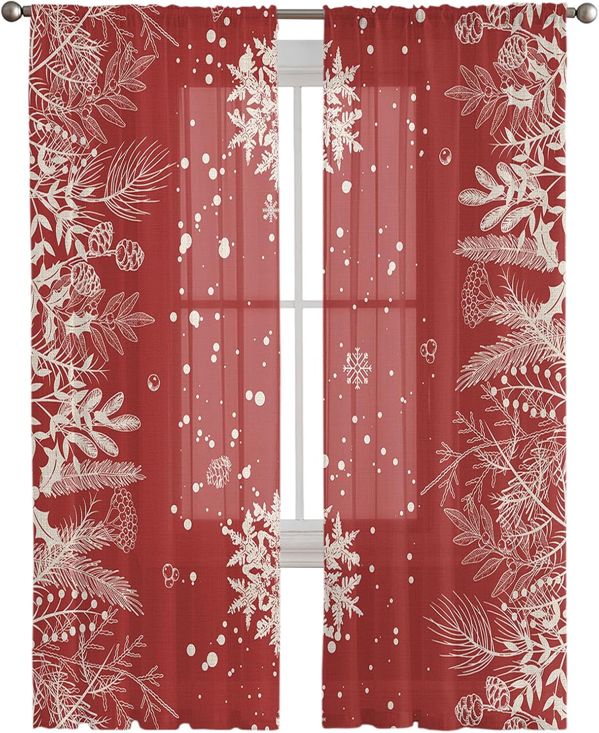 Snowflake Sheer Curtains 84 Inch Length 2 Panels Set for Living RoomBedroom, Winter Christmas Pine Tree Leaves Watercolor Semi Curtain Sheers Drapes