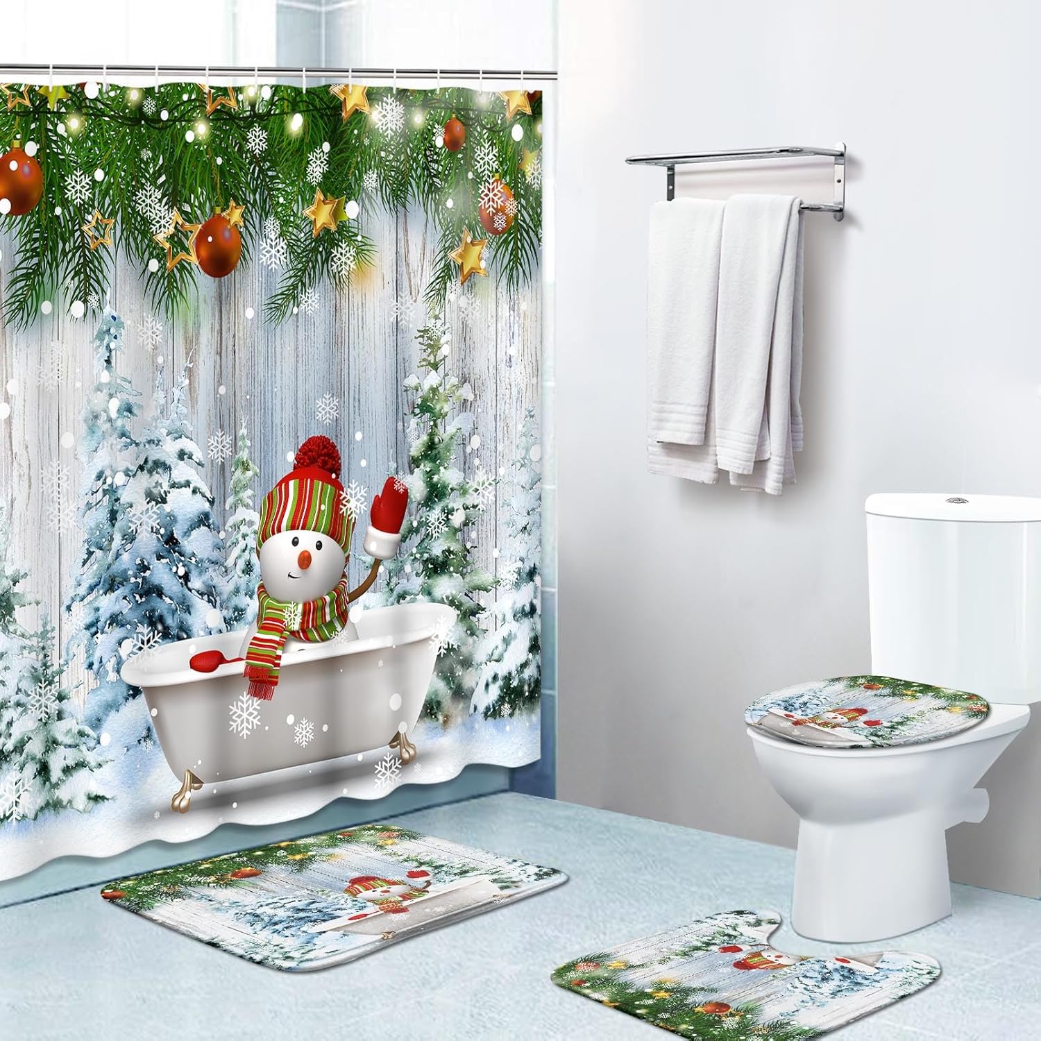 Bribay Juego de cortinas de ducha de 4 piezas, gnomo de Navidad, Papá Noel, invierno, con alfombras antideslizantes, cubierta para tapa de inodoro y