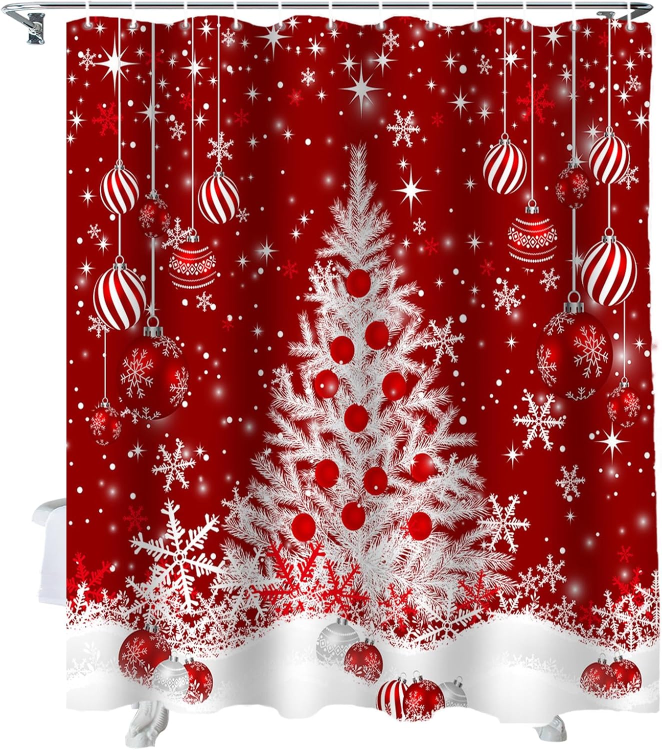 Cortina de ducha de árbol de Navidad con 12 ganchos, impermeable, bolas de Navidad rojas, cortina de baño para baño, decoración de bañera, juego de