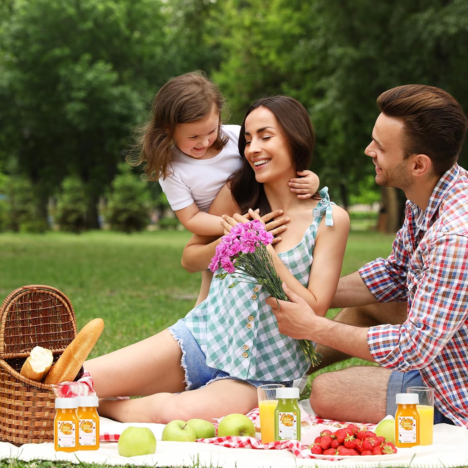 Moretoes Botellas de chupito de 4 onzas con tapas, 15 botellas de plástico para jugos, recipientes de bebidas a granel con tapas para jugos,