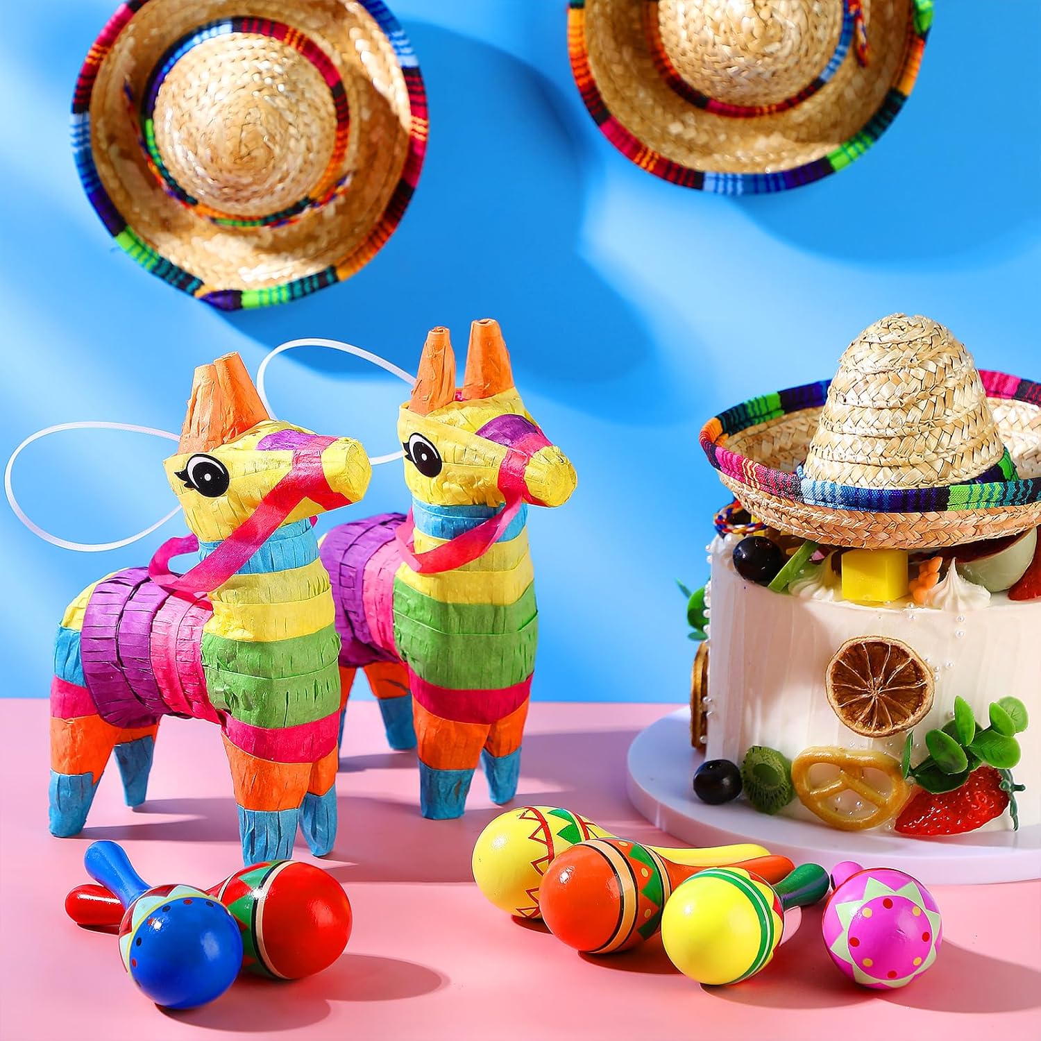 Hungdao 24 piezas de decoraciones de fiesta mexicana, incluye mini piñata de burro, maracas de fiesta de madera para niños, mini sombrero, sombreros
