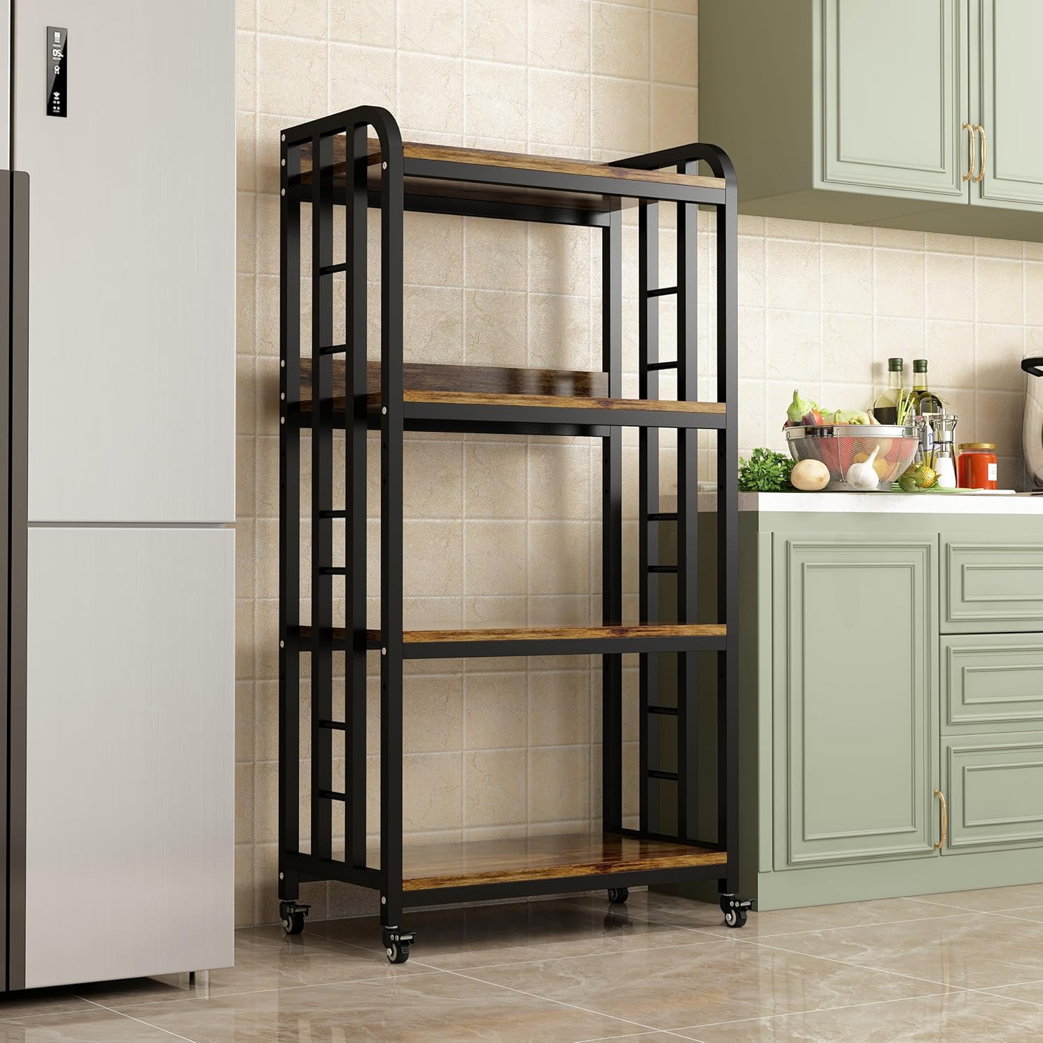 Estante de cocina de 4 niveles con ruedas giratorias, soporte para carrito de horno de microondas, unidad de almacenamiento ajustable, estante
