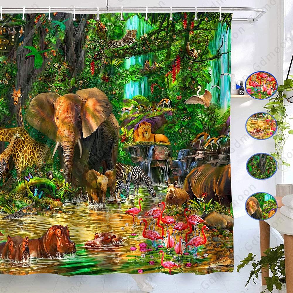 Cortina de ducha de animales de selva tropical, selva, elefante, león, flamenco, jirafa, cebra, mono, rinoceronte, vida silvestre, zoológico, para
