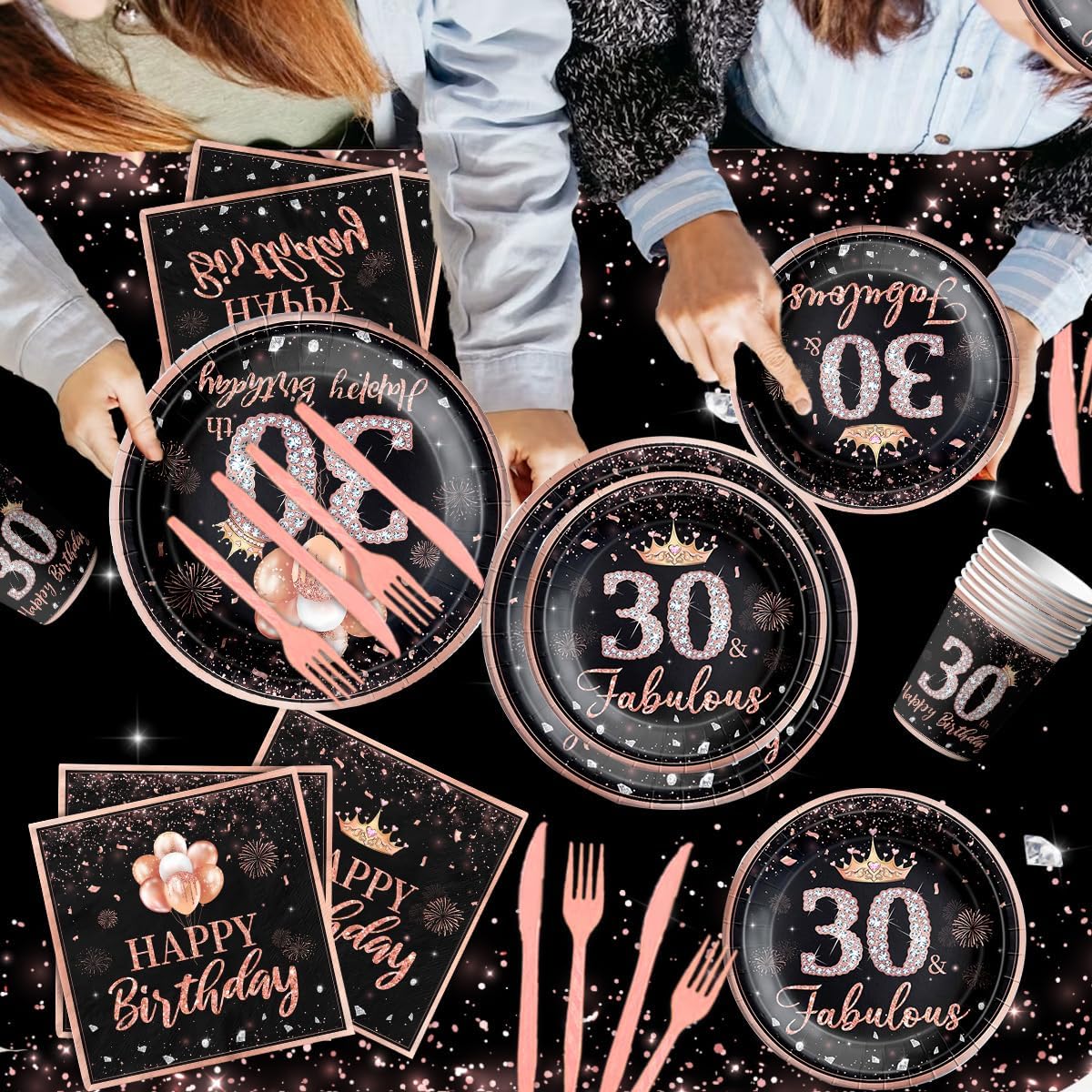 142 piezas de vajilla de 30 cumpleaños para mujer, suministros de fiesta de cumpleaños de 30 años de color oro rosa para ella, mantel desechable,