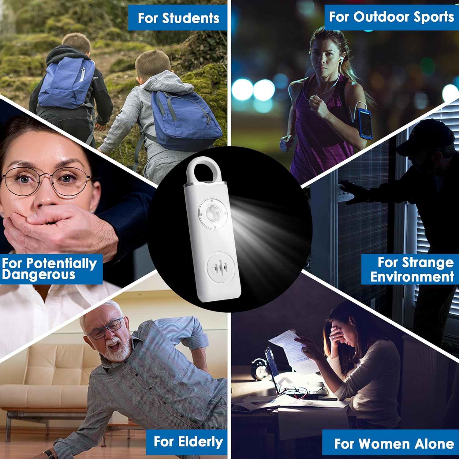 Alarma de seguridad personal recargable para mujeres, adolescentes, ancianos y niños, alarma de seguridad de 130 dB con luz estroboscópica LED y