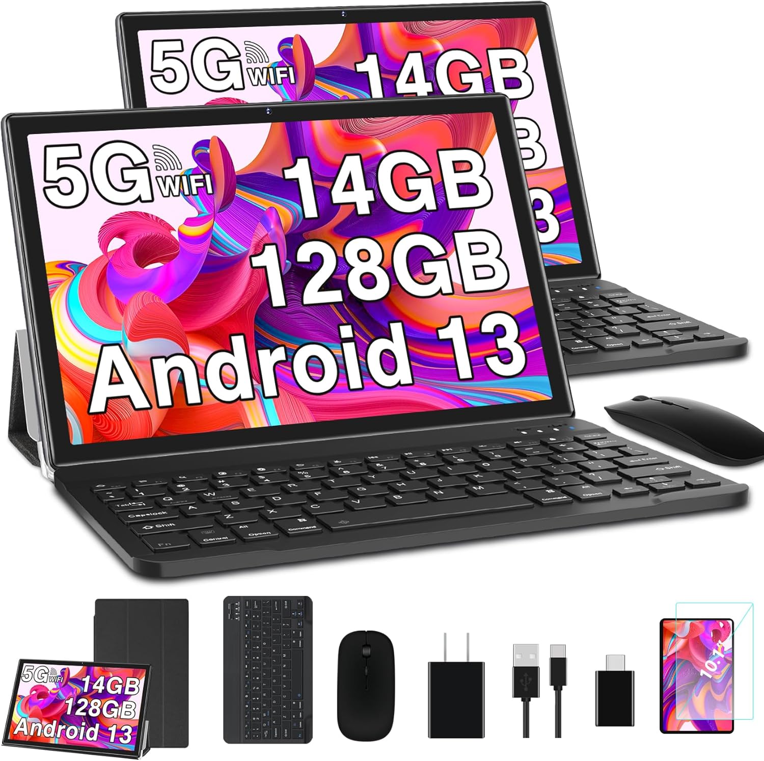 2024 Tablet Android 13 Octa-Cores 14GB RAM 128GB ROM 1TB TF, WiFi 5G, Bluetooth 5.0, GPS, GMS, batería de 8000mAh, 8MP+5MP, OTG, tipo C, Tablet PC