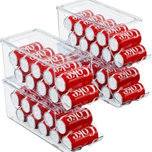 SCAVATA Paquete de 4 organizadores apilables para refrigerador, dispensador de latas de refrescos, contenedor de bebidas con tapa para refrigerador, SCAVATA Paquete de 4 organizadores apilables para refrigerador, dispensador de latas de refrescos, contenedor de bebidas con tapa para refrigerador,