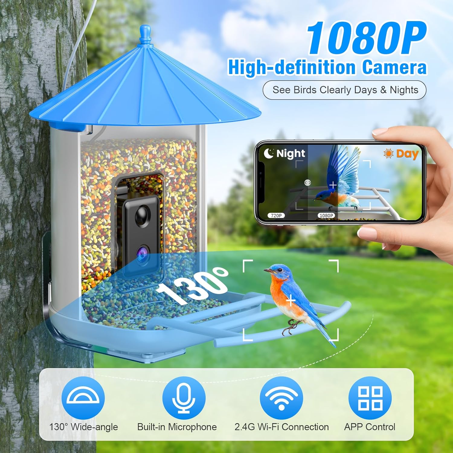 Farmice Comedero para pájaros con cámara, Cámara alimentadora de pájaros con panel solar, captura automática videos de aves y notificación, AI