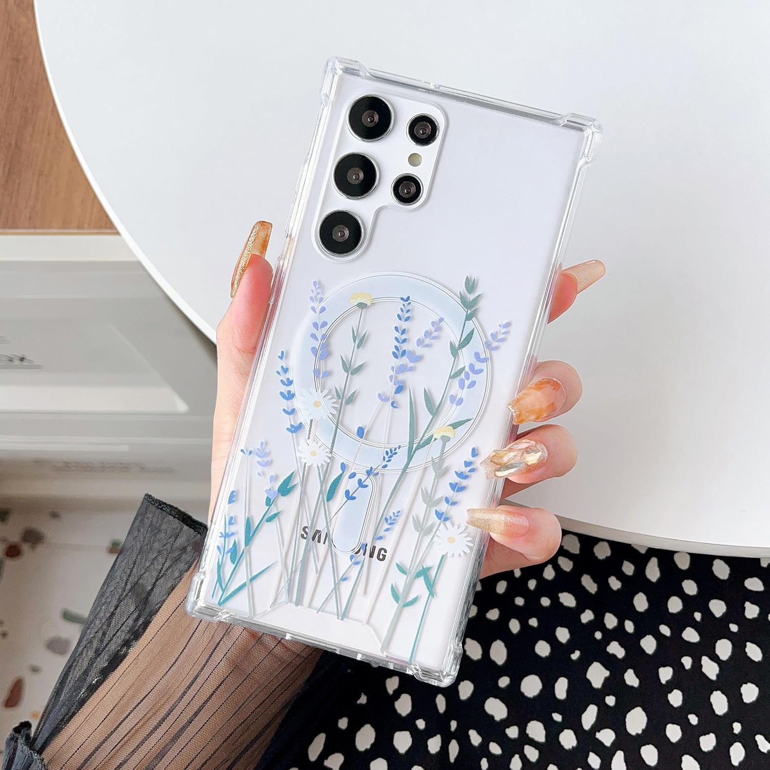 ZTOFERA Funda magnética para Samsung Galaxy S22 Ultra, carga inalámbrica y patrón floral diseñada con parte trasera de policarbonato duro
