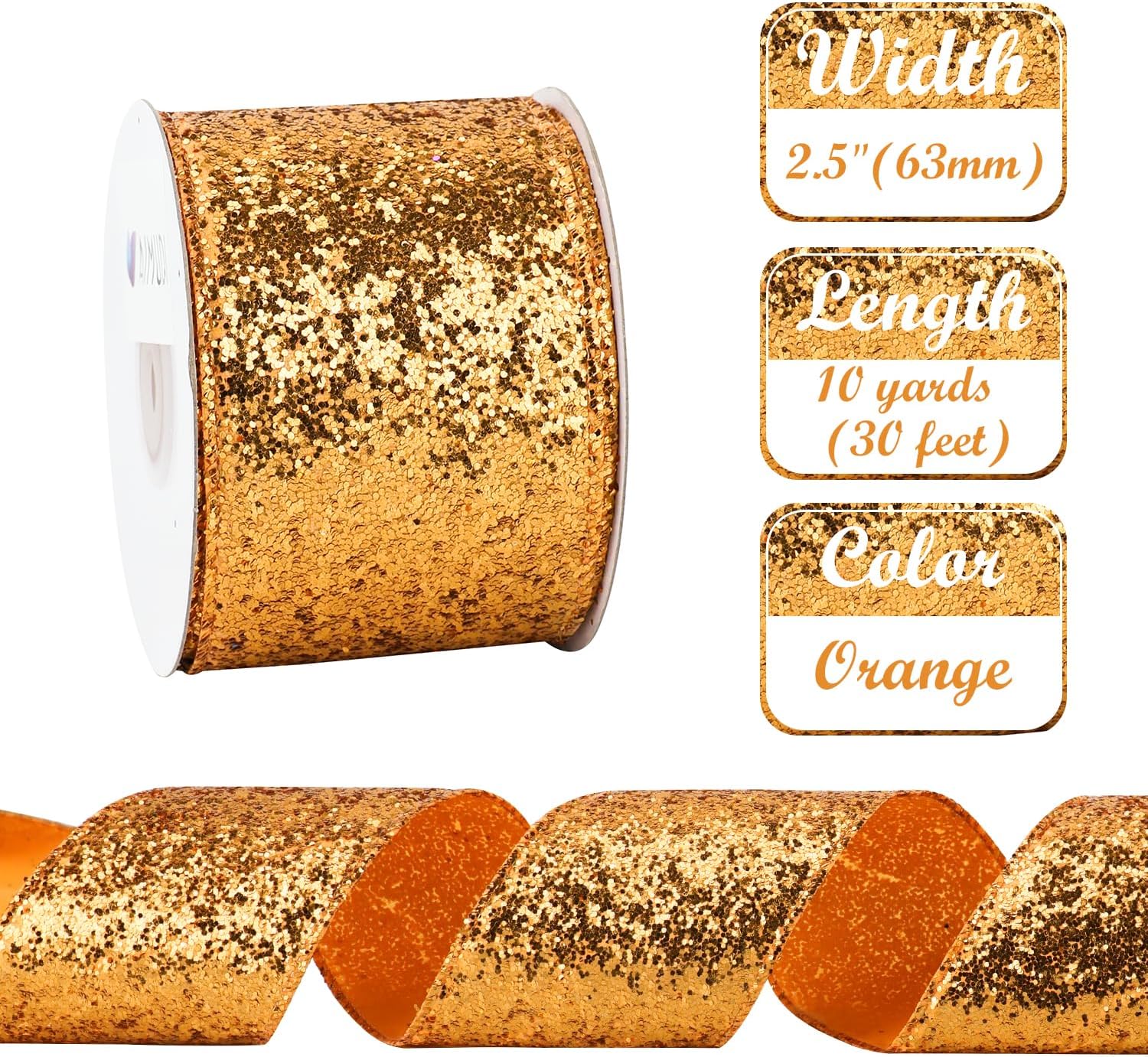 AIMUDI Cinta naranja quemada con alambre de 2.5 pulgadas, cinta naranja de Navidad para decoración de árbol de Navidad, otoño, Acción de Gracias,