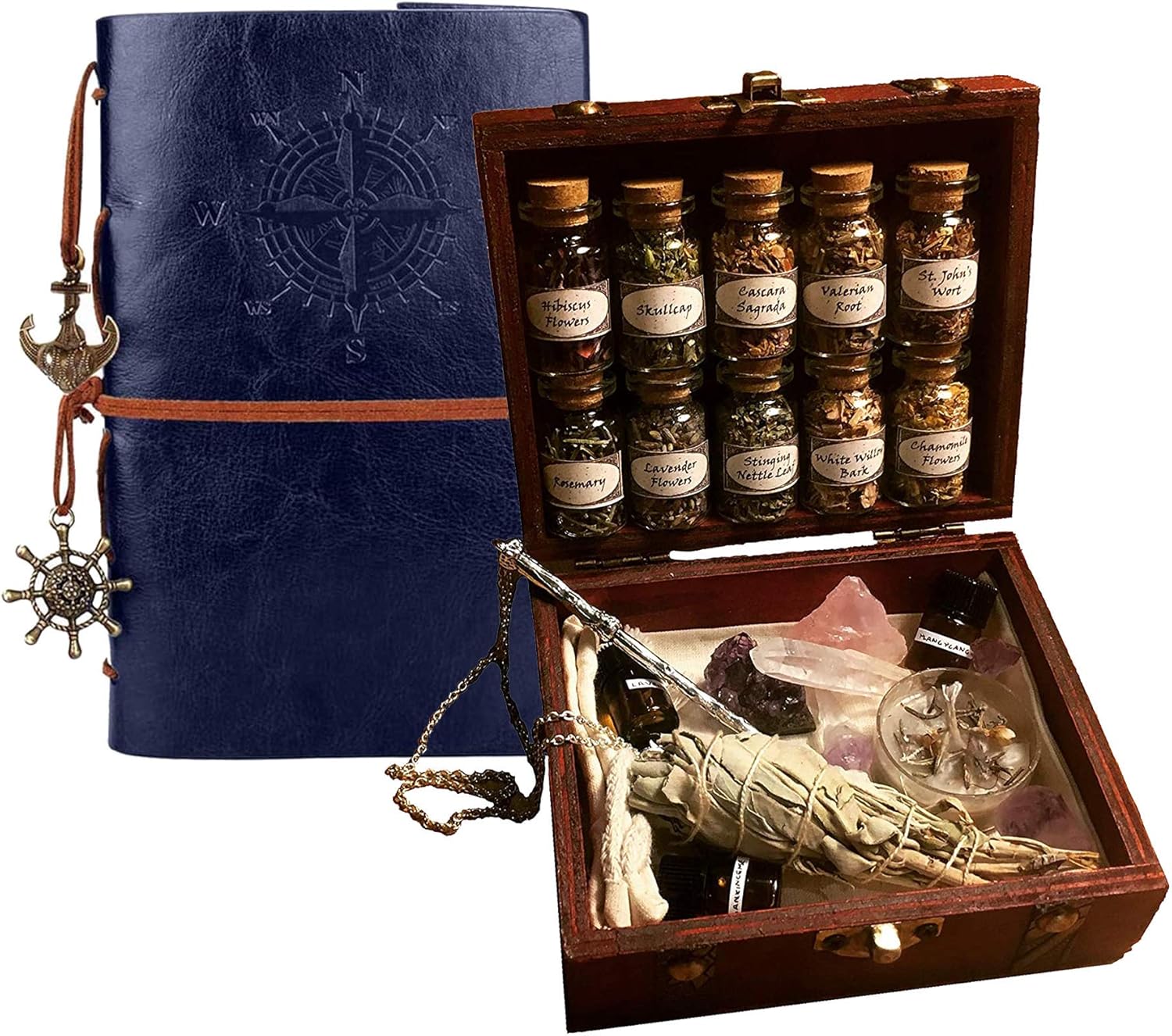 Kit de viaje de brujería, kit de altar de libro de sombras, kit de boticario, kit de brujería de cristal, caja de madera, kit de brujas, incienso,