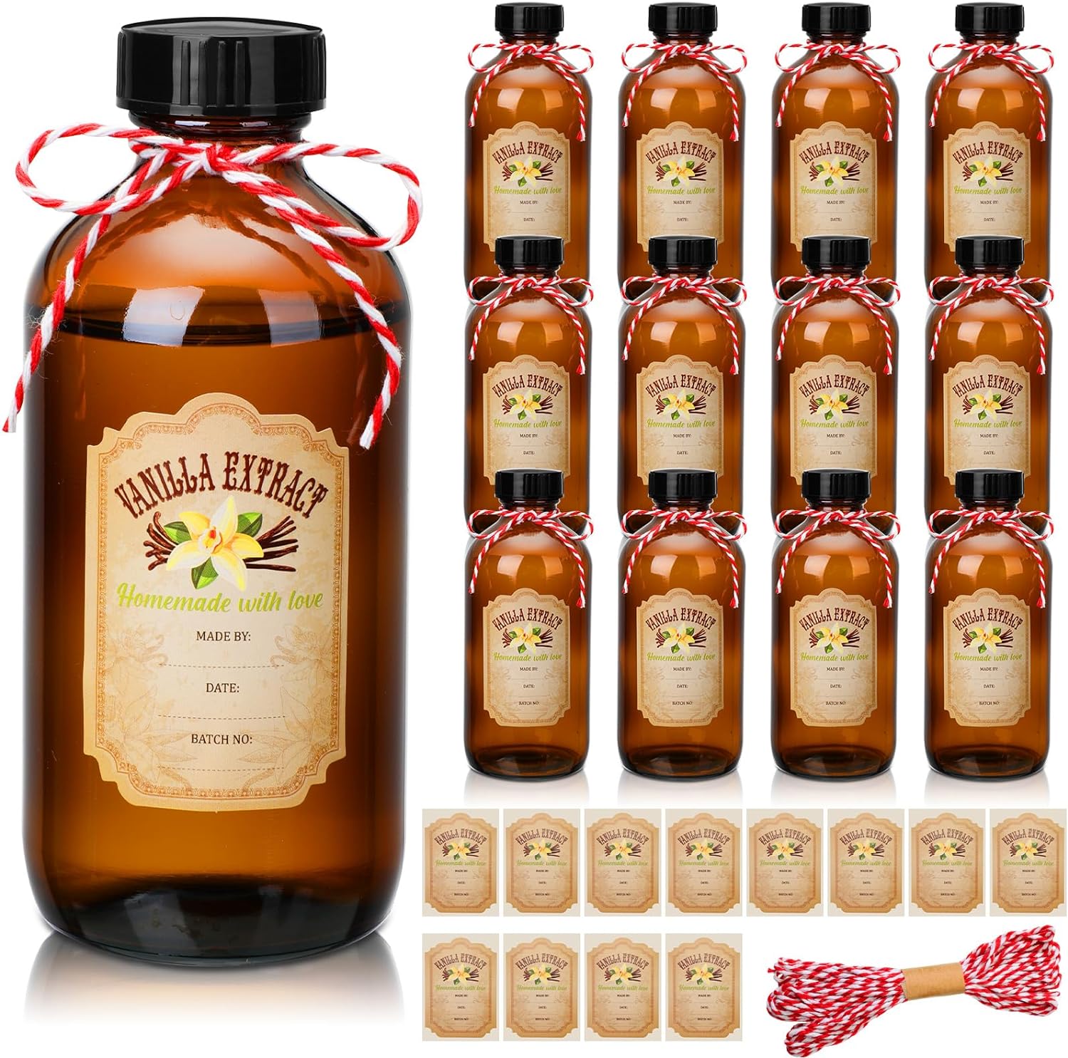 Uiifan Paquete de 12 botellas de vidrio ámbar de 8 onzas, botellas redondas Boston con tapas, botellas de extracto de vainilla marrón y 12
