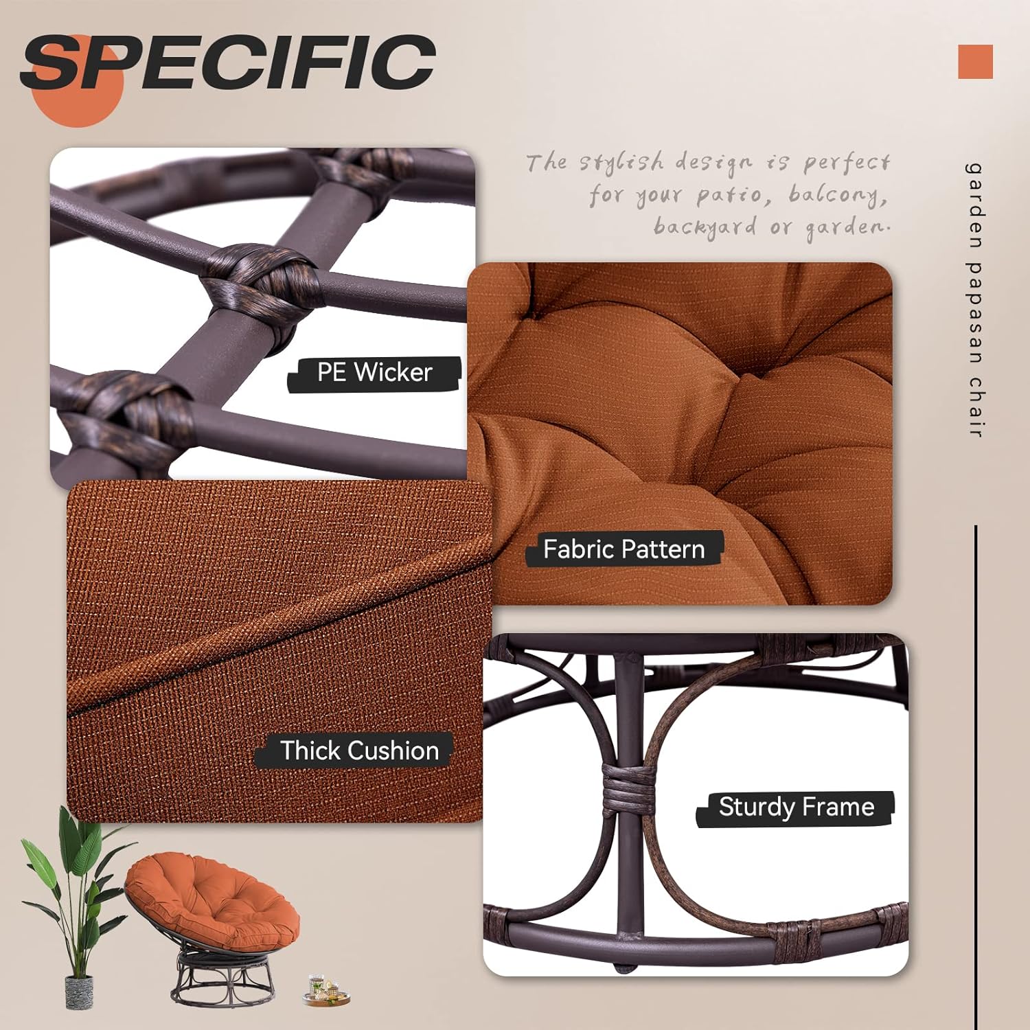 Papasan – Silla Papasan de tamaño grande de 46 pulgadas con cojín y marco sobrerelleno, silla Papasan gruesa con cojín y marco, silla perezosa,