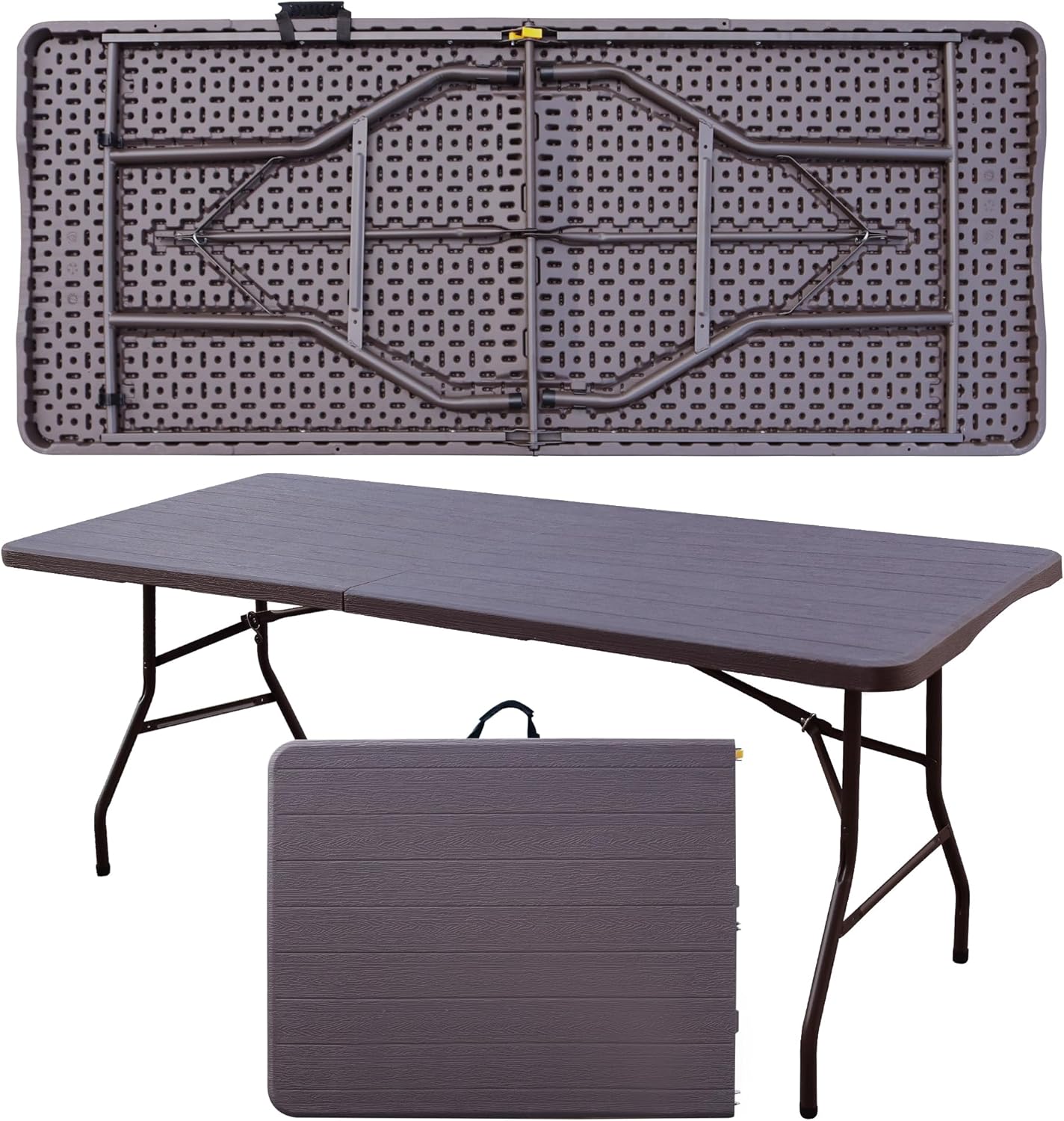 Foldable Table, Plastic 6FT Folding Table, Indoor Outdoor Protable Utility Table with Handle for Party, Camping and Picnic, Brown