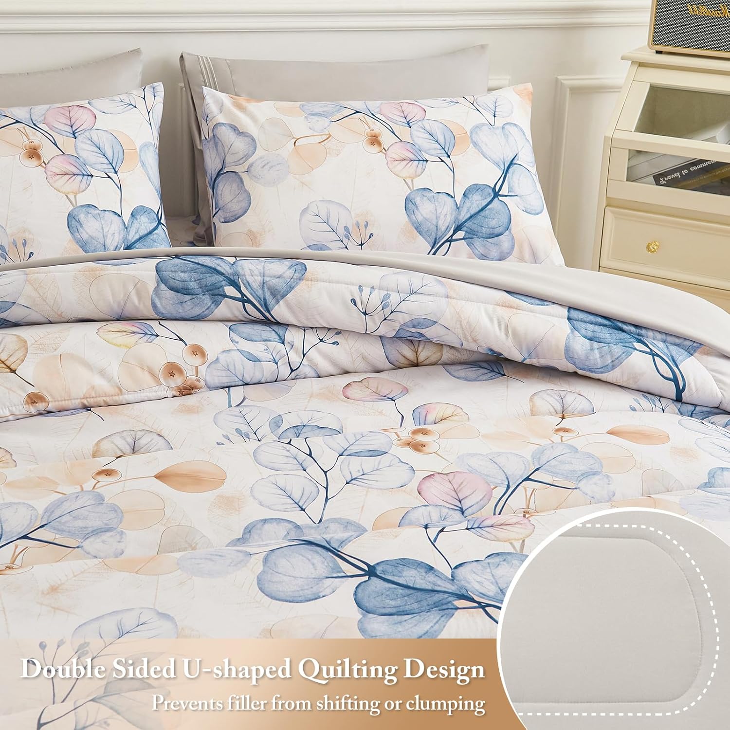 YIYEA Juego de edredón tamaño King  Estampado floral  7 piezas de cama en una bolsa  Juegos de ropa de cama para todas las estaciones con edredón,