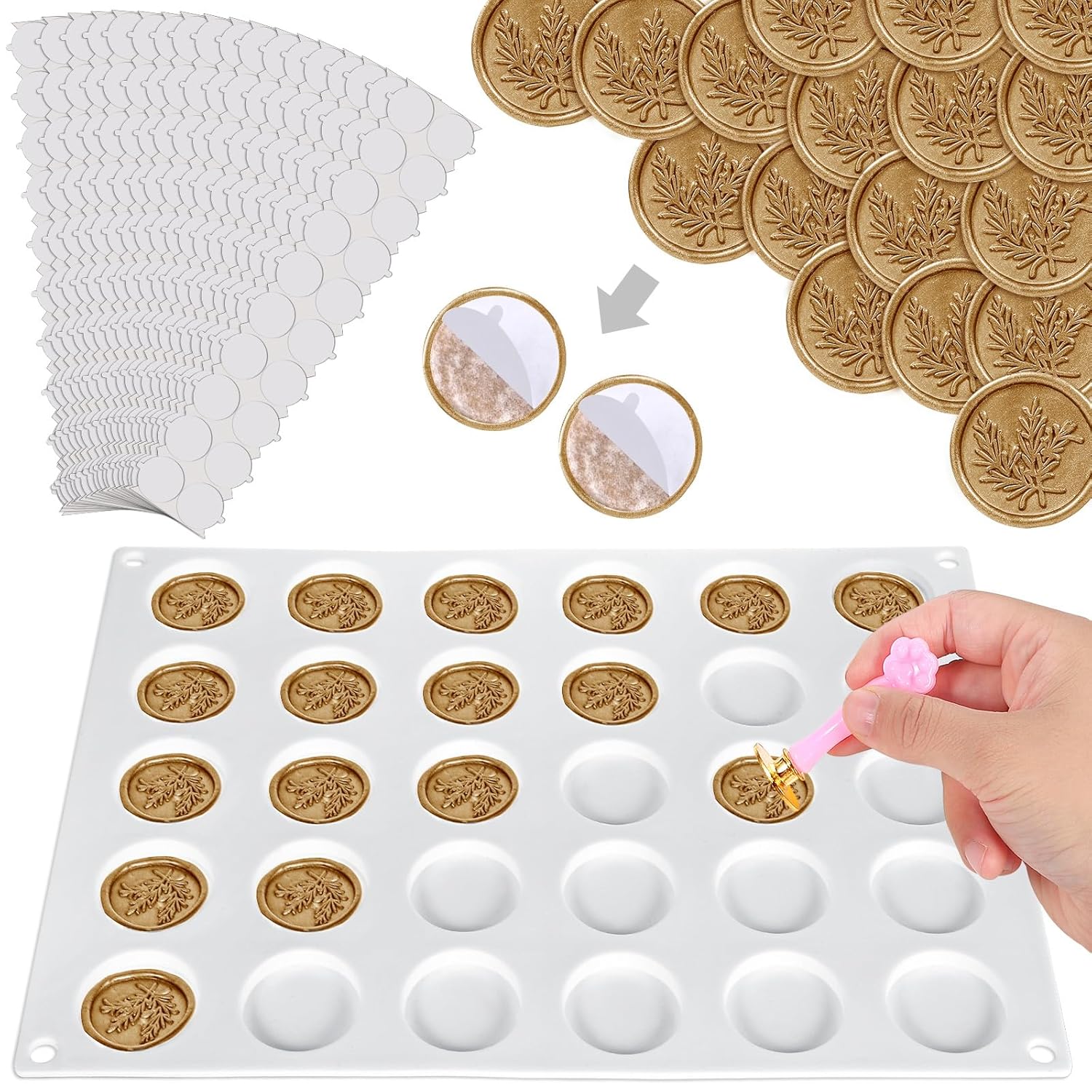 Kit de moldes de sellado de cera para sello de cera, 360 calcomanías adhesivas de doble cara y molde de sello de cera de 30 cavidades para hacer