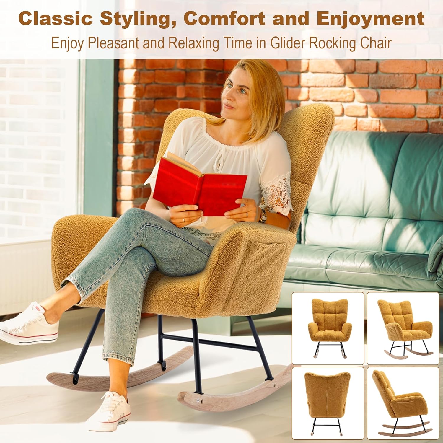 Mecedora de cúrcuma, mecedora tapizada de peluche suave, para habitación del bebé, con respaldo alto y reposabrazos, silla de lectura, mecedora