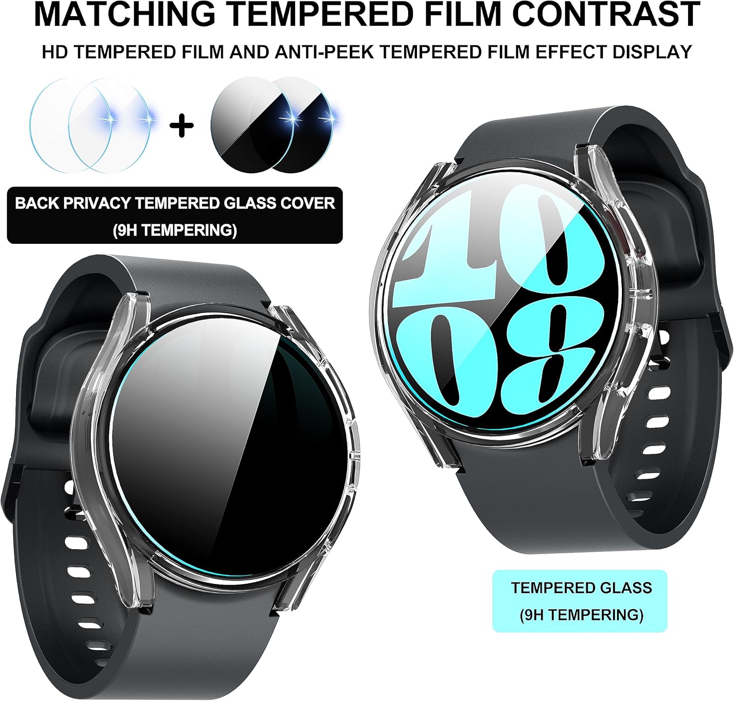 Suoman Paquete de 4 + 4 fundas para Samsung Galaxy Watch 6 de 1.732 pulgadas, protector de pantalla de privacidad + protector de pantalla HD +