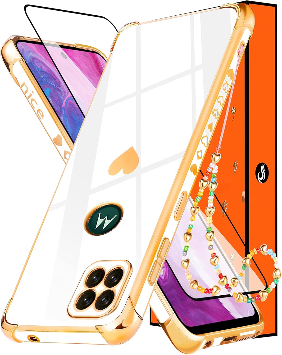 Shorogyt Funda para teléfono Motorola One 5G Ace 2021 (también para una funda de 5G UW Ace), fundas de chapado en oro con patrón de corazones de