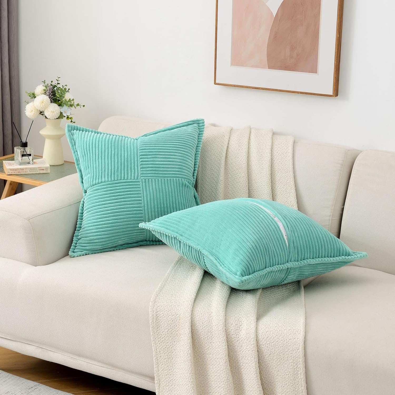 Juego de 2 fundas de almohada decorativas color turquesa de 24 x 24 pulgadas, fundas de cojín de pana suave y sólida, fundas de almohada cuadradas