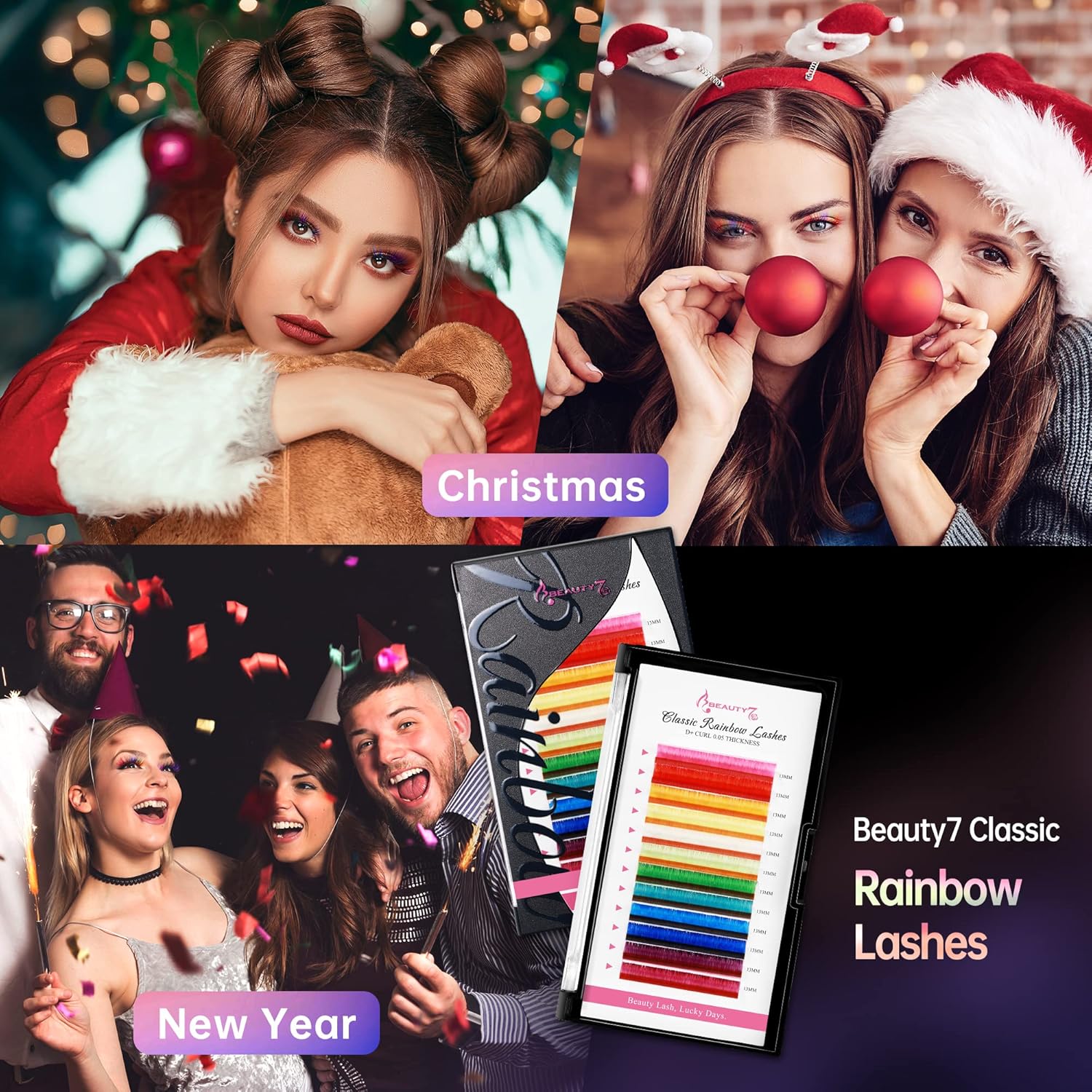 Beauty7 Extensiones de pestañas de colores arco iris, pestañas clásicas, 12 colores, rizo D+, 0.002 in de grosor, 0.512 in, pestañas dramáticas,