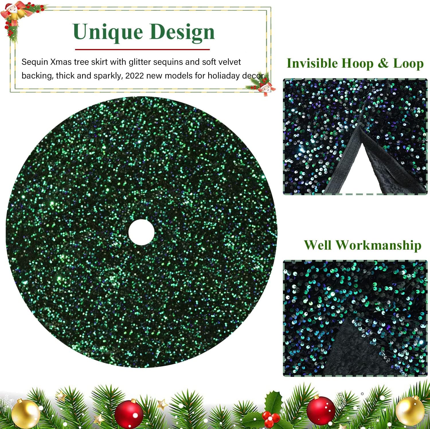 FUHSY Falda de árbol de Navidad de 36 pulgadas, falda de árbol de lentejuelas verde y negra, alfombrillas gruesas de terciopelo para árbol de