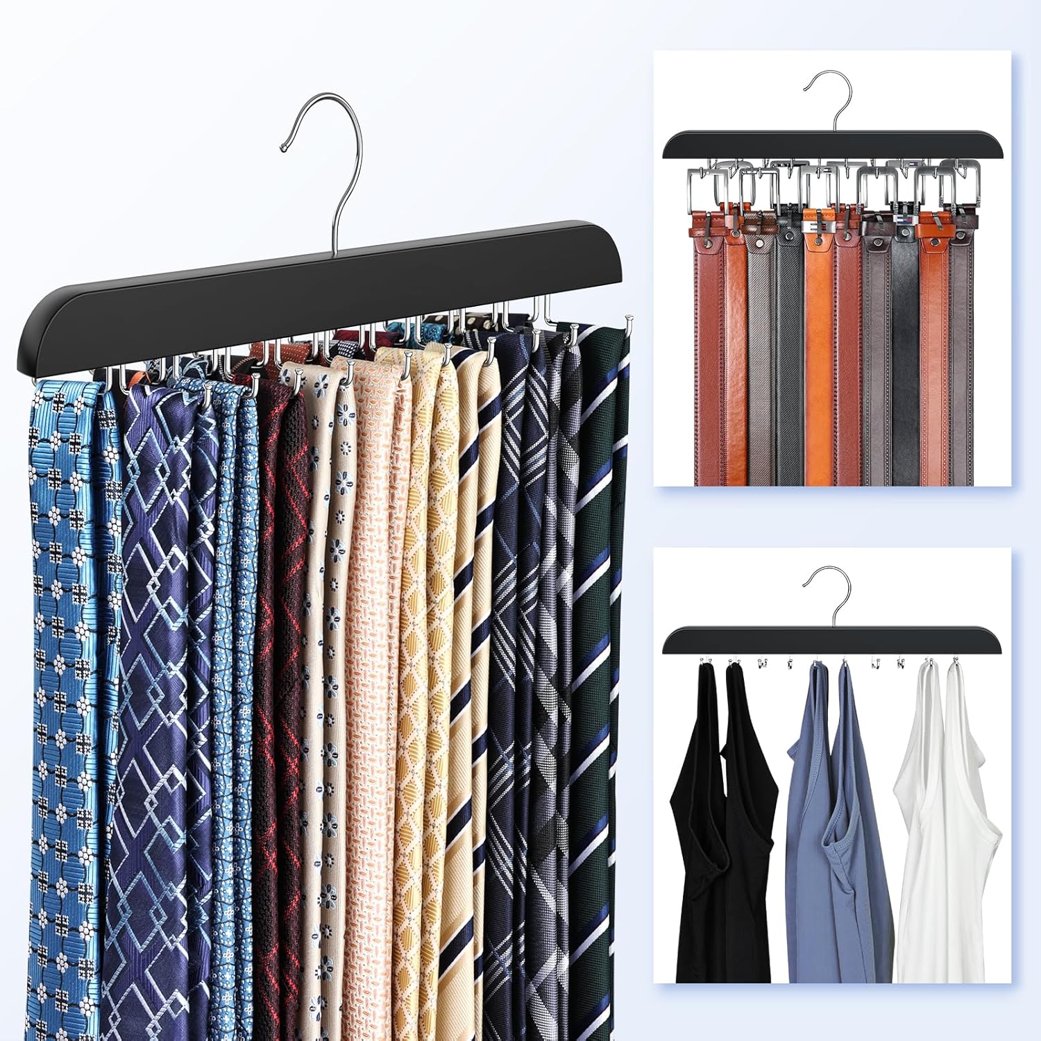 RESOVO Percha de corbata mejorada con 20 ganchos de metal plegables, organizador de corbatas que ahorra espacio para hombres, colgador de madera