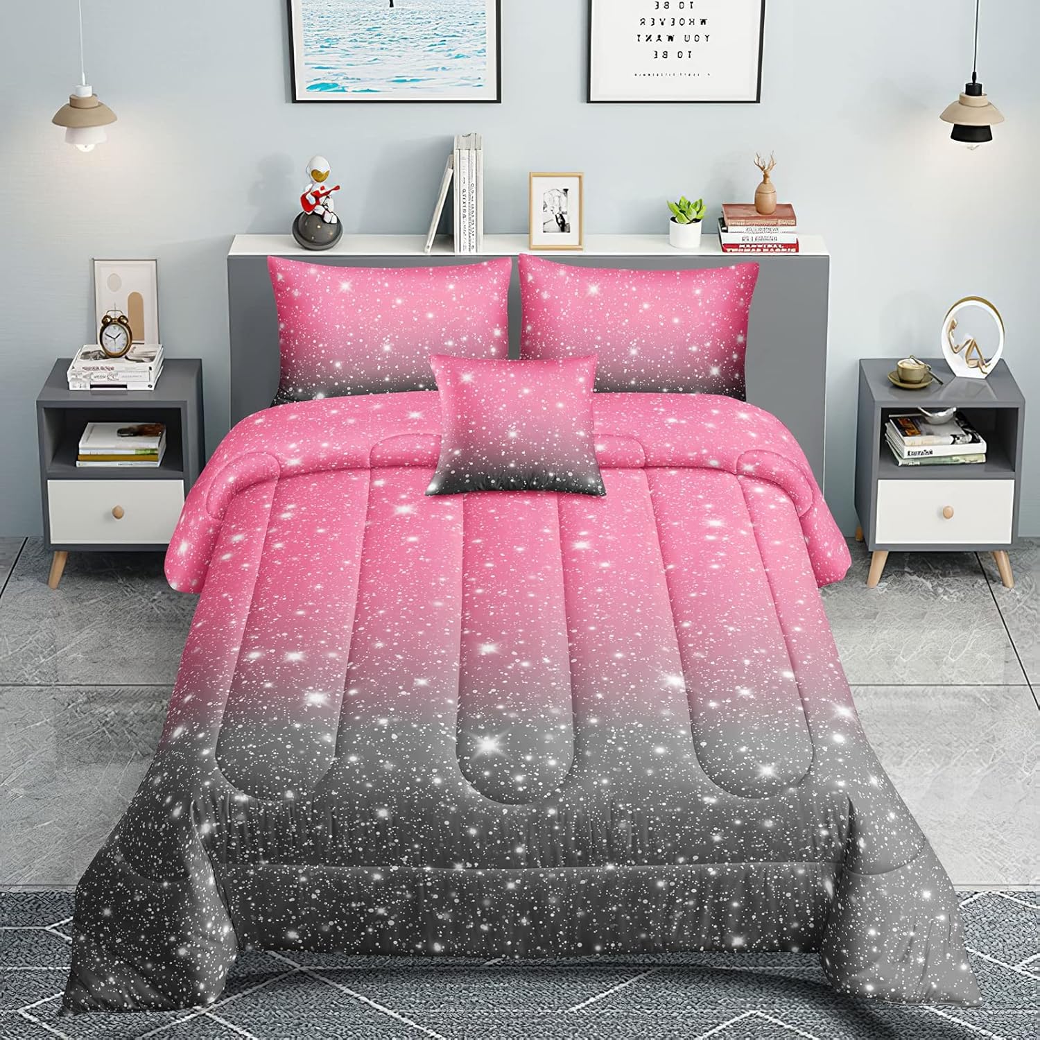 5 Pieces Rainbow Glitter Sparkles Comforter Set Twin Size Galaxy Starry Sky Bedding Sets 5 Pieces Bed in A Bag for Kids Teen Girls Ultra Soft