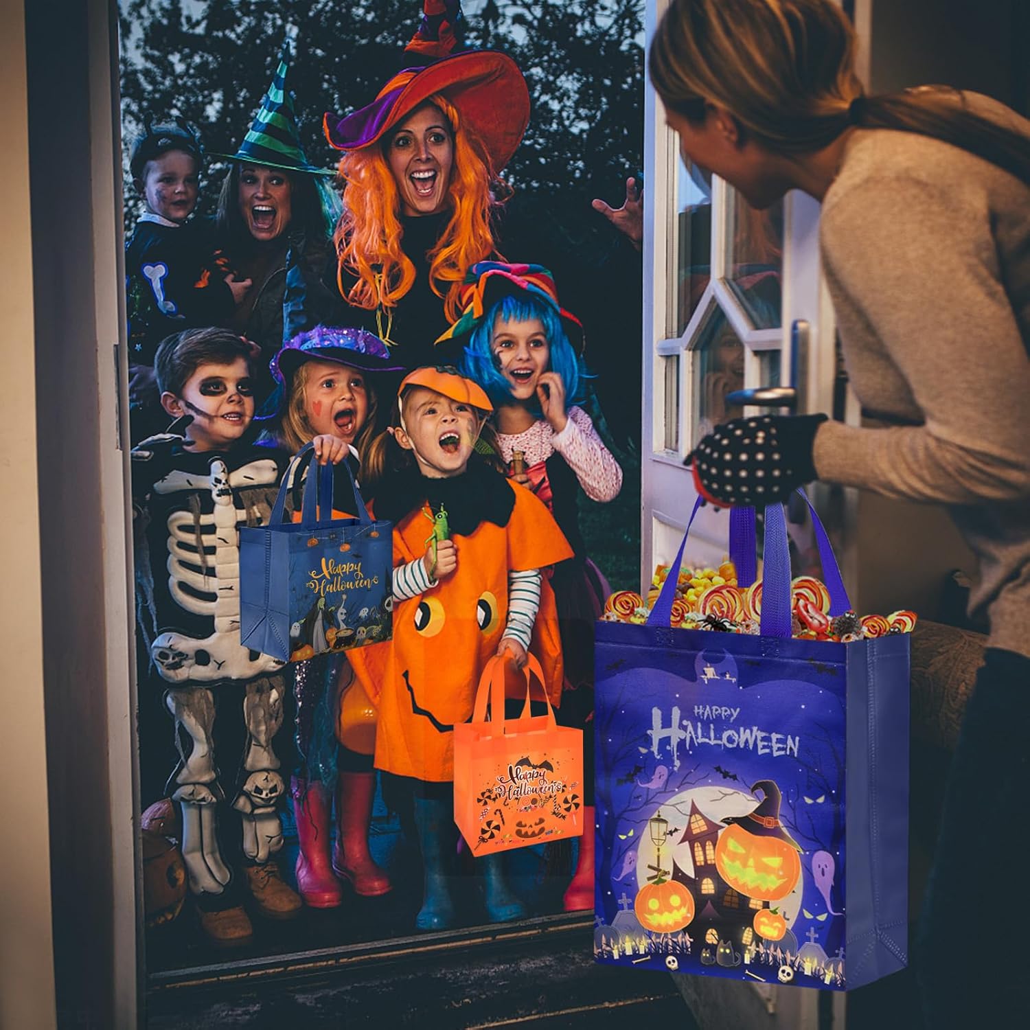 AhfuLife 12 bolsas de Halloween para dulce o truco, bolsas grandes de dulces de Halloween con asas para niños, bolsas de regalo reutilizables de