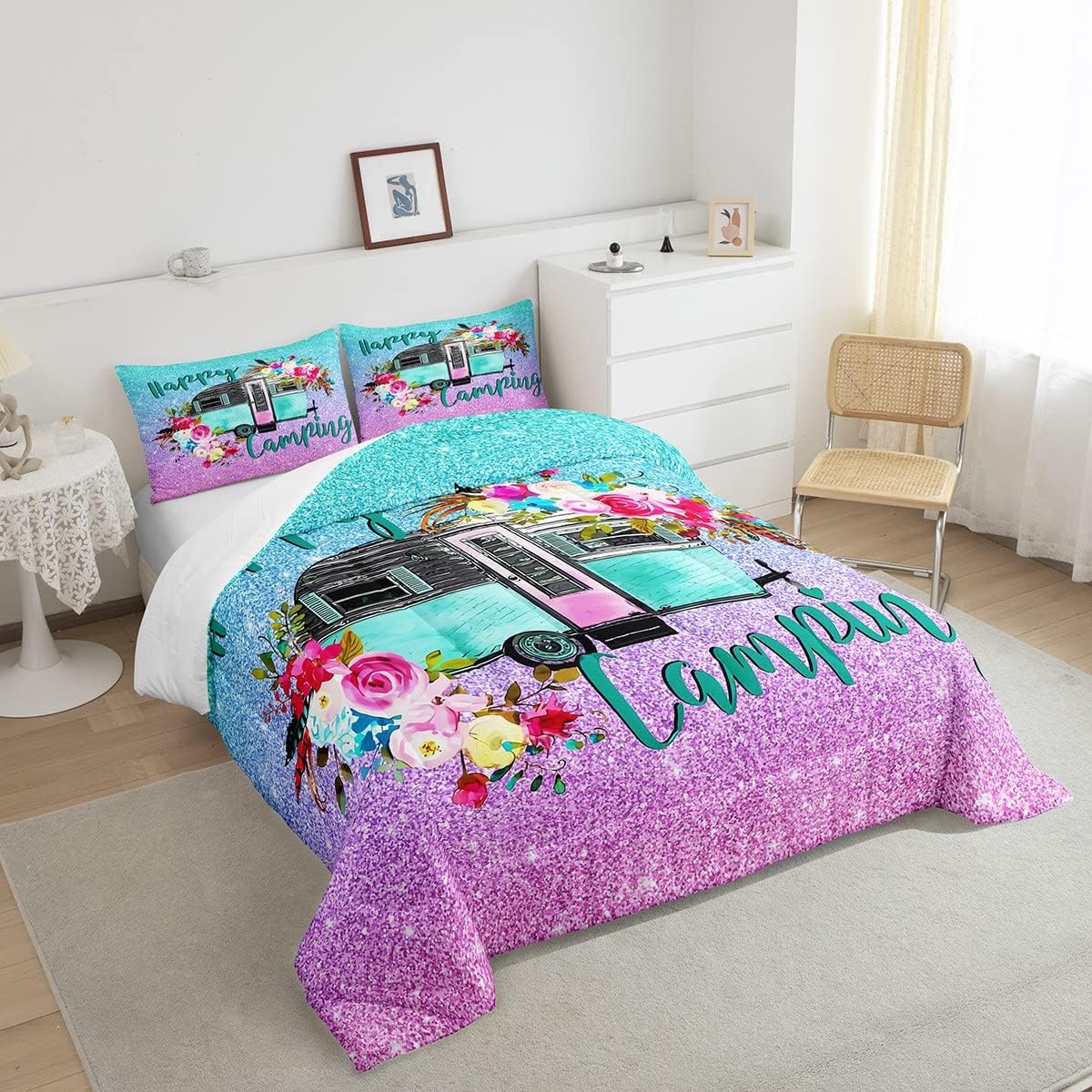 Edredón de cama para niños y niñas, juego de edredón de caricaturas para caravana, diseño de caricaturas, flores y lentejuelas en acuarela para