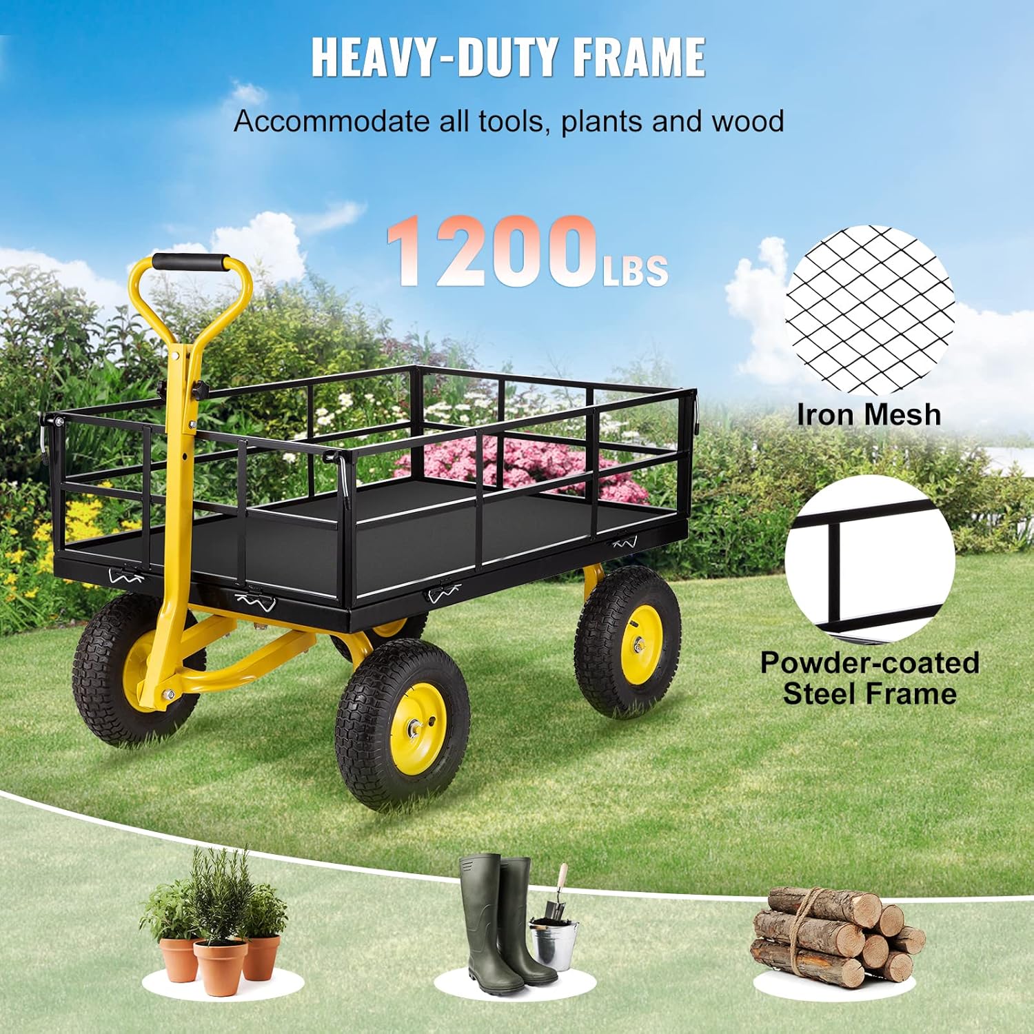 VEVOR Carrito de jardín de acero, resistente capacidad de 1200 libras, con lados de malla extraíbles para convertir en plataforma plana, carro de