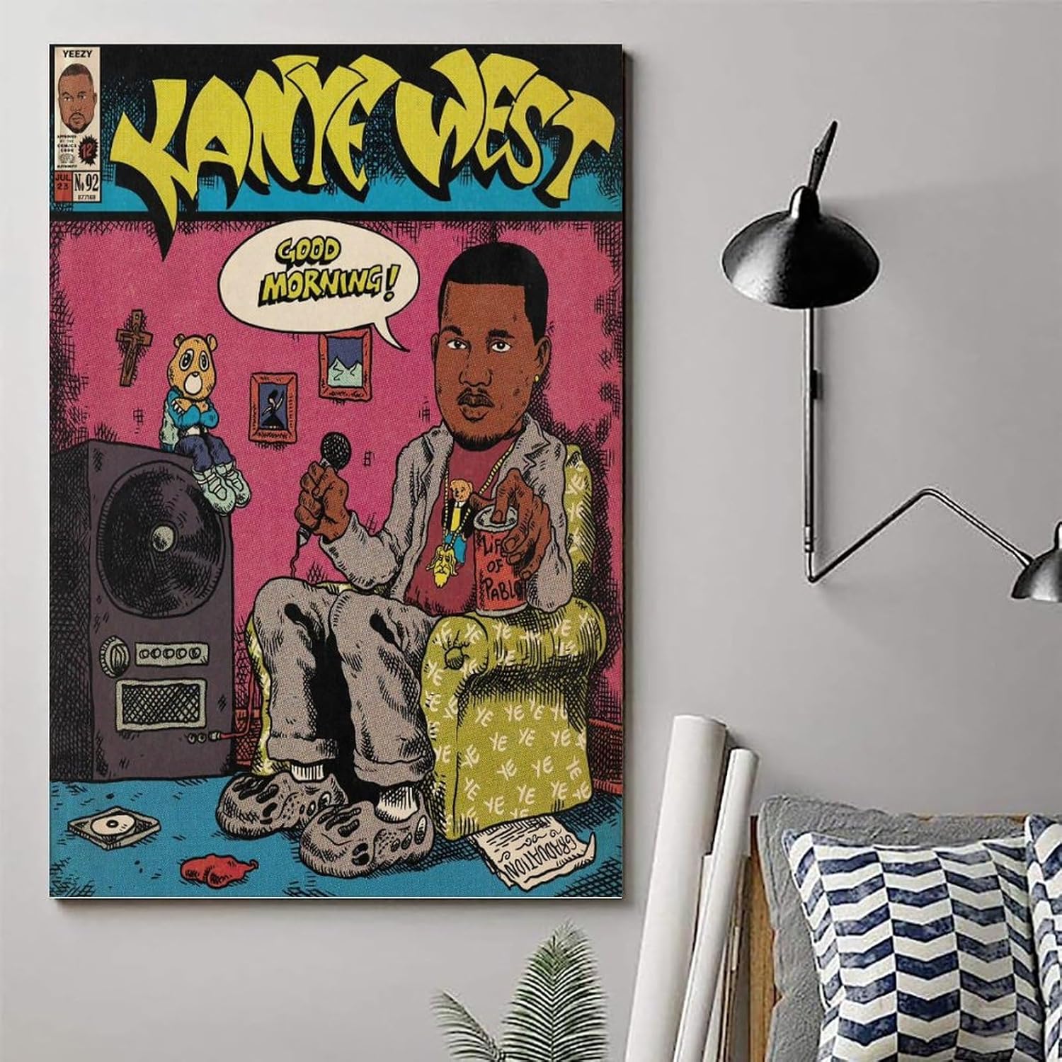 Kanye West – Póster artístico de cómics para dormitorio, lienzo estético, decoración de pared, 16 x 24 pulgadas (15.7 x 23.6 in)