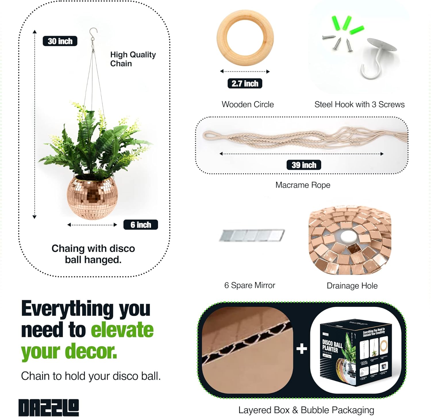 Maceta colgante de bola de discoteca de 6 pulgadas – Maceta de discoteca con cadena, cuerda, soporte y espejos de repuesto – Decoración de bola de