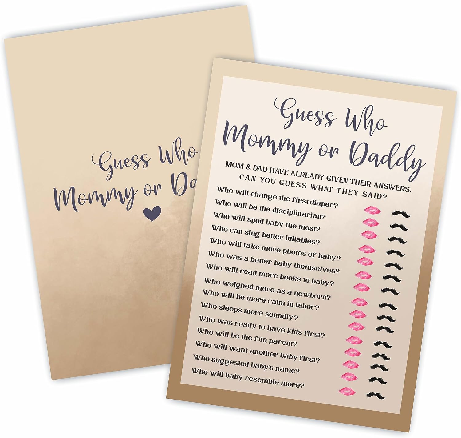 Adivina quién Juego de mamá o papá para baby shower, 30 tarjetas de juego de relleno de doble cara color caqui para bebé niño y niña, revelación de