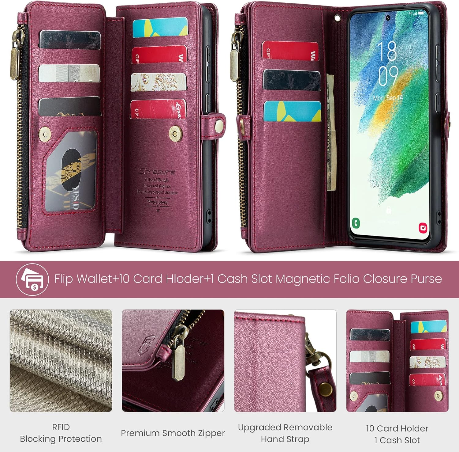 Funda compatible con Samsung Galaxy S21 FE 5G con tarjetero, bloqueo RFID, cremallera, para Galaxy S21 FE, funda magnética de piel sintética para