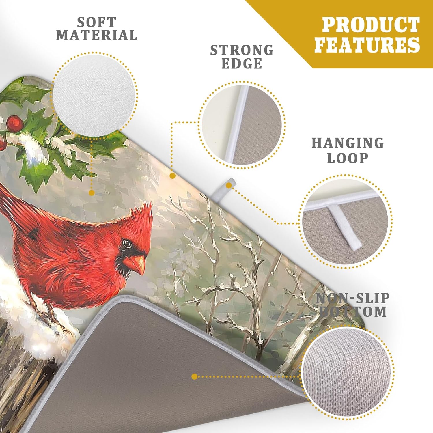 Winter Cardinals – Tapete de secado de platos para encimera de cocina, tapete de secado de platos de microfibra Merry Christmas de 18 x 24 pulgadas,
