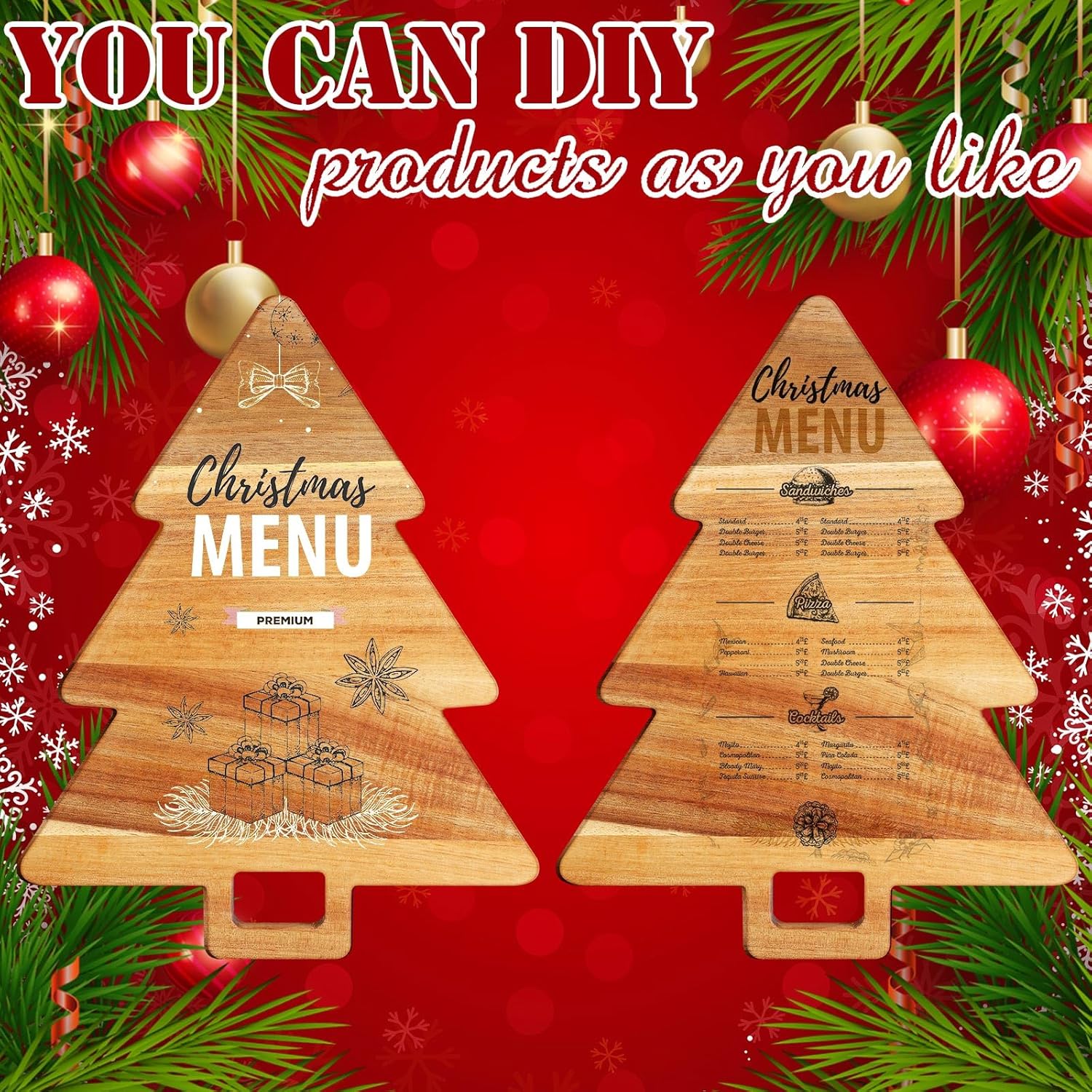 Juego de 3 tablas de cortar de cocina de Navidad con asas, accesorios de cocina de acacia orgánica, tabla de cortar en forma de árbol de Navidad,