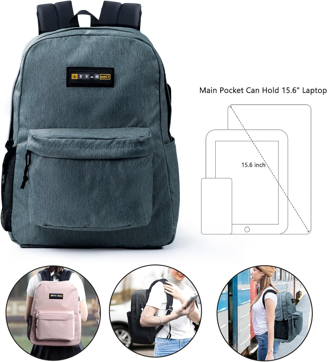 Mochila escolar, mochila ligera para laptop con puerto de carga USB, mochila para la universidad (no incluye parche de velcro), Gris (Graphite