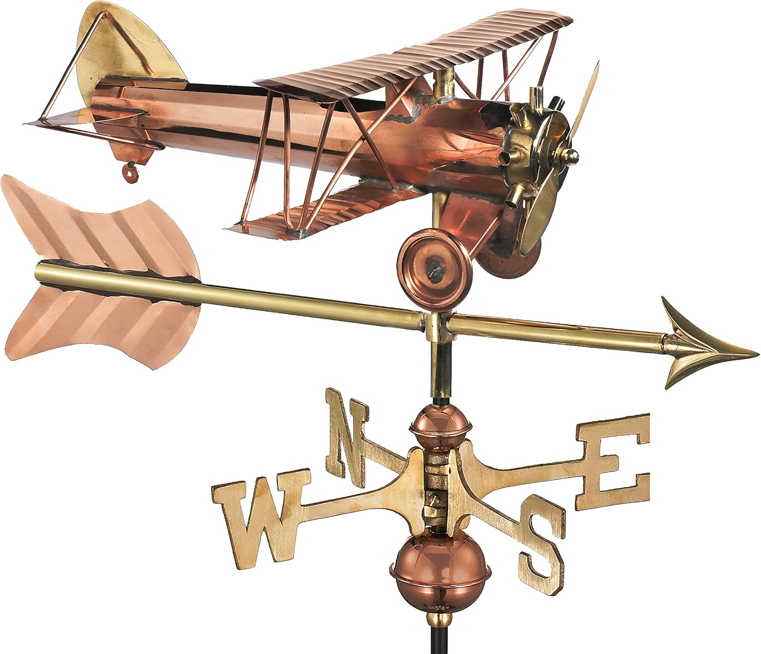 Good Directions Biplano con veleta de flecha, incluye soporte de techo, cobre puro, veletas de avión, decoración de aviación