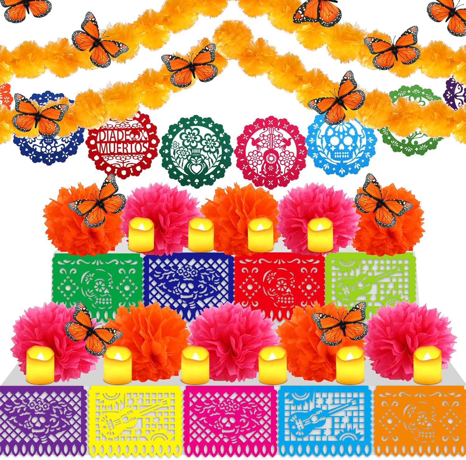 46 piezas de decoración Día de los Muertos Día de los Muertos incluye 4 guirnaldas de caléndula 12 velas sin llama, 2 piezas de pancarta mexicana,
